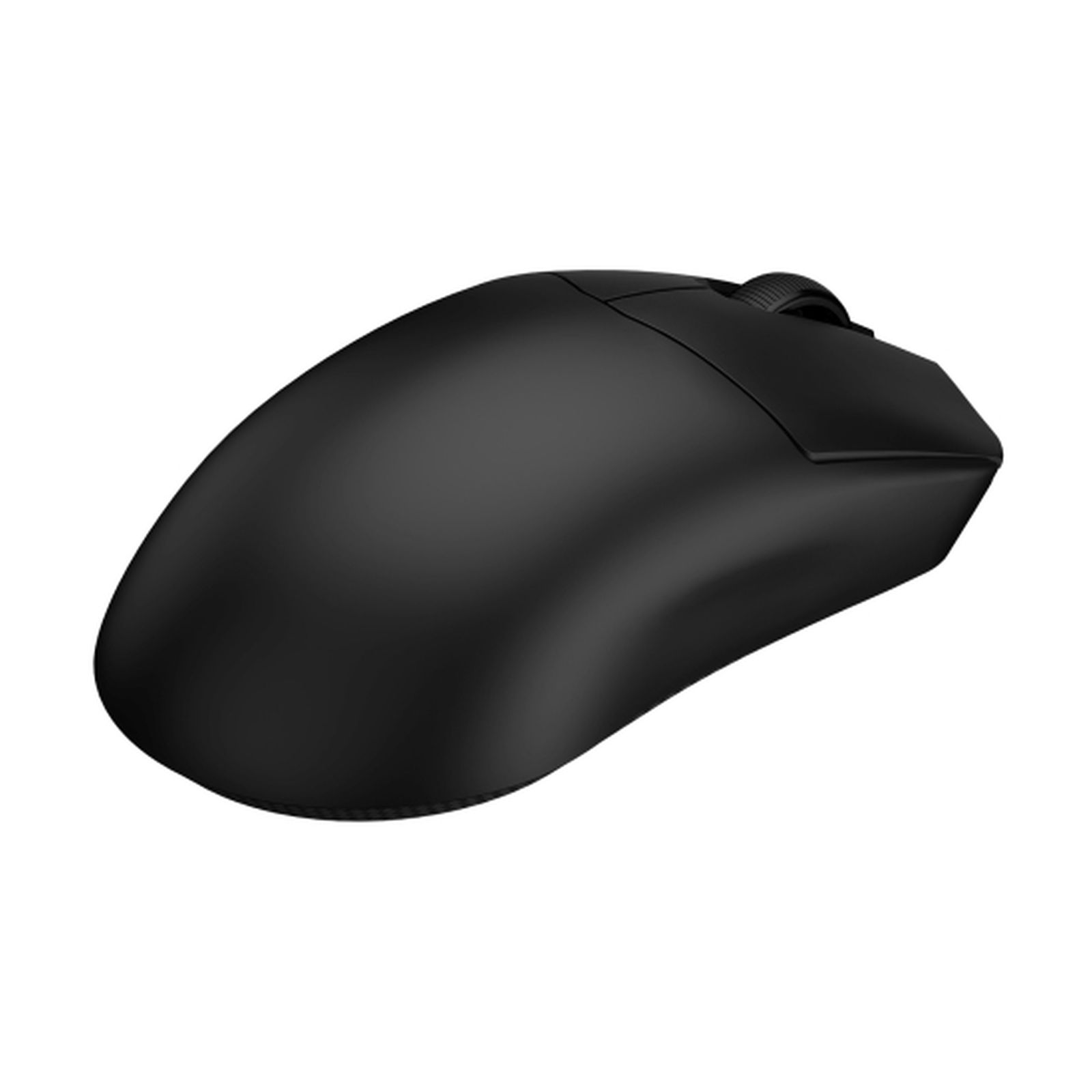 Un mouse per computer nero con una rotellina. È su sfondo bianco. Il mouse è liscio e moderno.