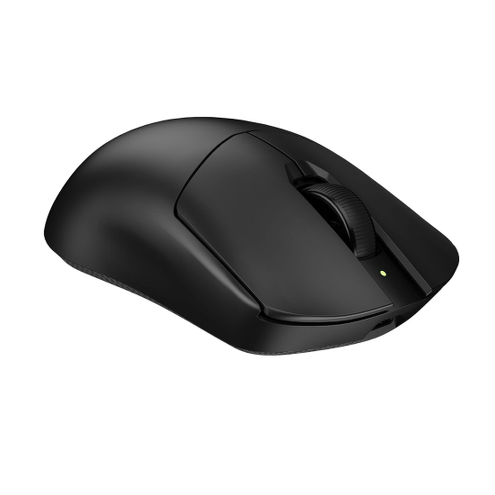 Un mouse nero per computer su sfondo bianco. Ha una rotella e una piccola luce verde.
