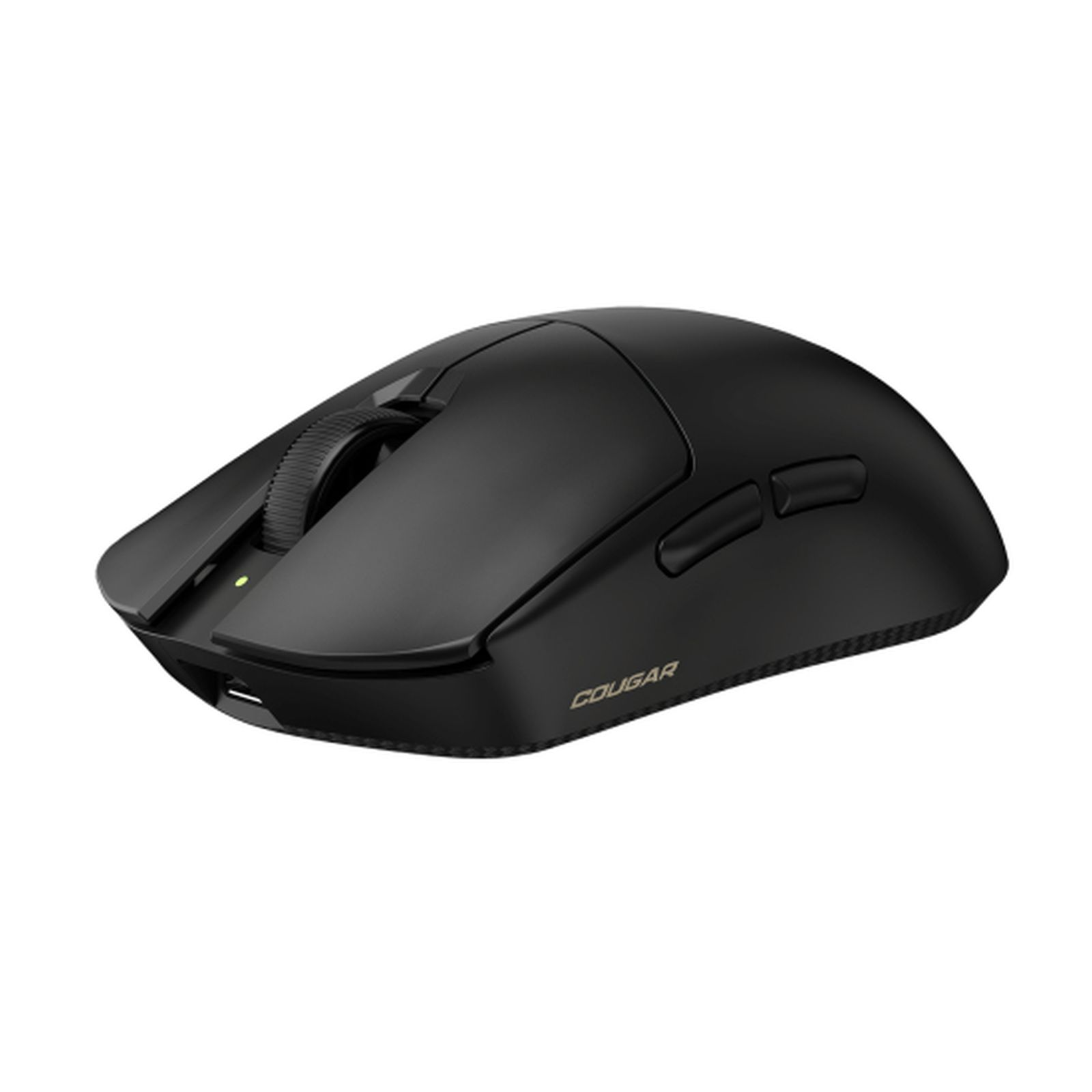 Un mouse da gaming Cougar nero su sfondo bianco. Ha pulsanti, una rotellina e il logo Cougar.