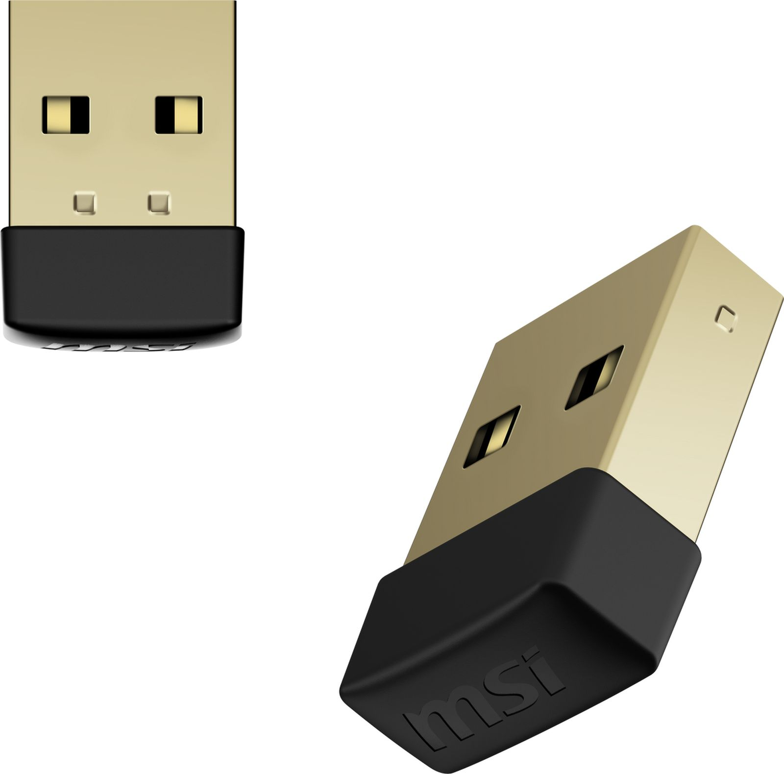 Obraz przedstawia dwa widoki napędu USB. Ma złoty konektor i czarny korpus. Widoczne jest logo 'msi'.