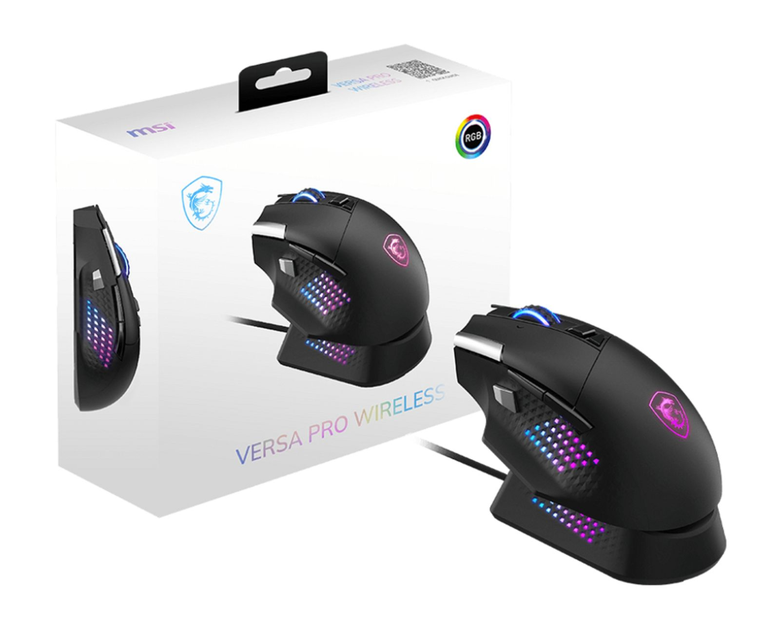 Czarna mysz gamingowa MSI Versa Pro Wireless z podświetleniem RGB, obok pudełka. Pudełko ma obraz myszy.