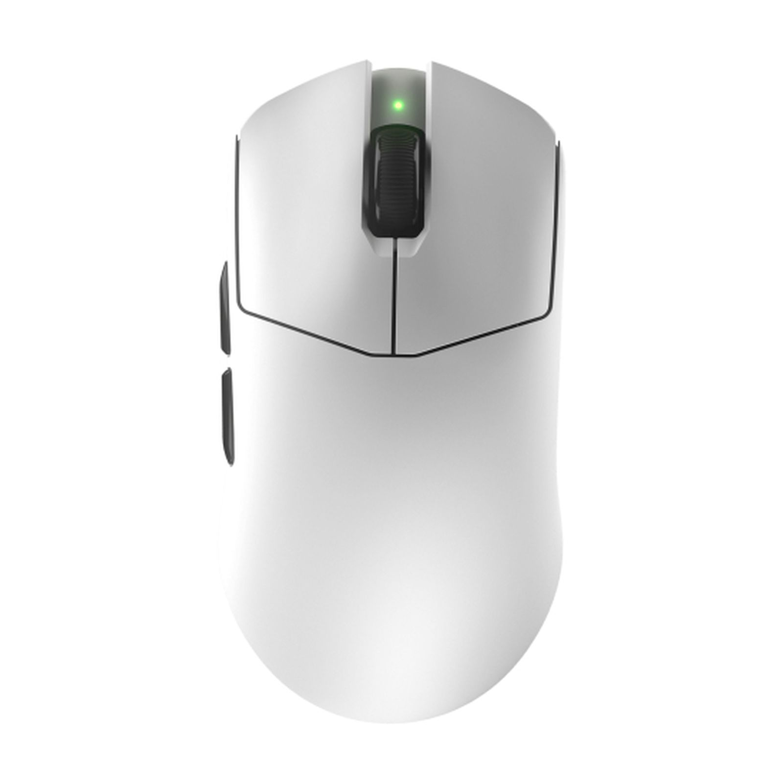 Un mouse da gioco bianco con dettagli neri. Ha una rotella e pulsanti laterali. Una luce verde in alto.