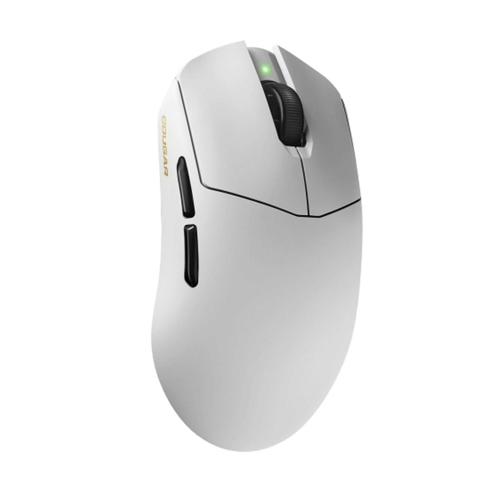 Mouse per computer bianco con rotella, pulsanti e logo neri. Luce verde sopra.
