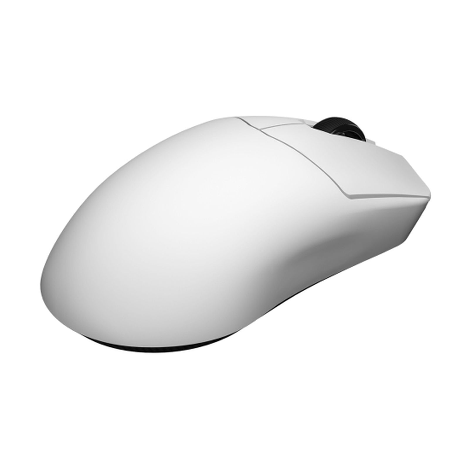 Un mouse per computer bianco con rotella di scorrimento nera e base nera, su sfondo bianco.