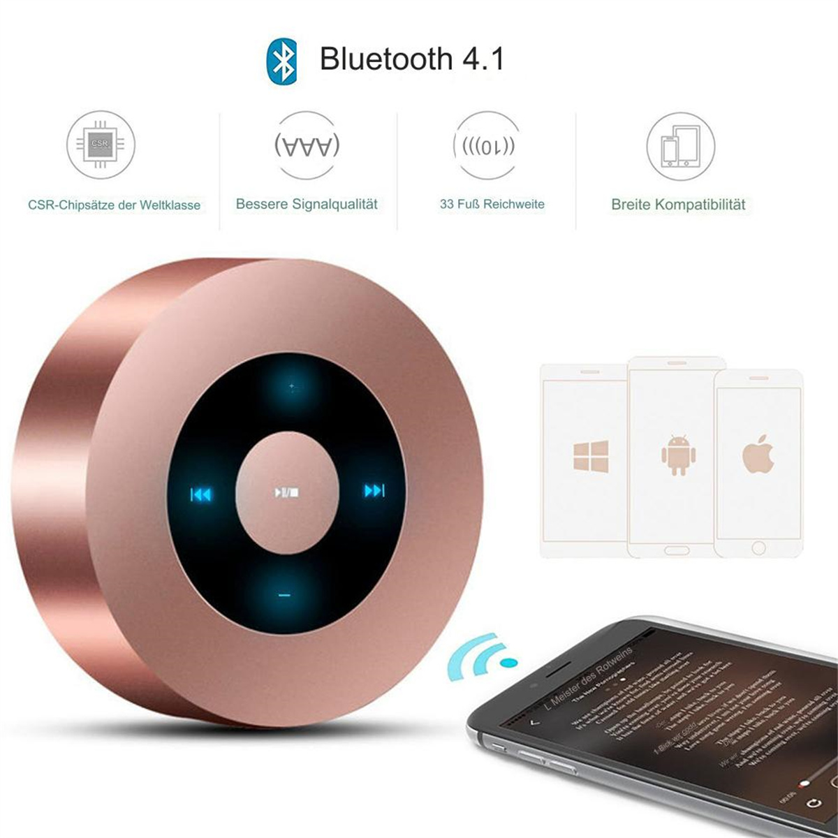 Ein roségoldener Bluetooth-Lautsprecher mit Steuertasten. Ein Smartphone zeigt Liedtexte und Telefon-Icons sind sichtbar.