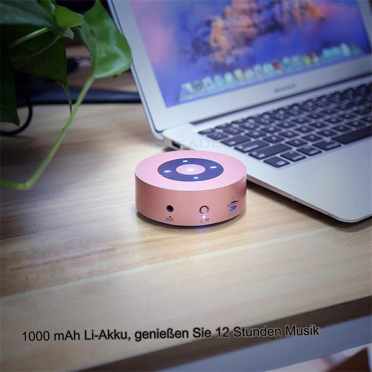 Ein rosa Lautsprecher steht auf einem Holztisch neben einem Laptop. Grüne Pflanze im Hintergrund. Deutscher Text unten.