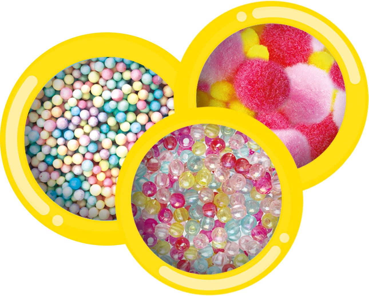 Drei gelb umrandete Kreise zeigen farbenfrohe Texturen: kleine Kugeln, flauschige Pompons und klare, bunte Perlen.