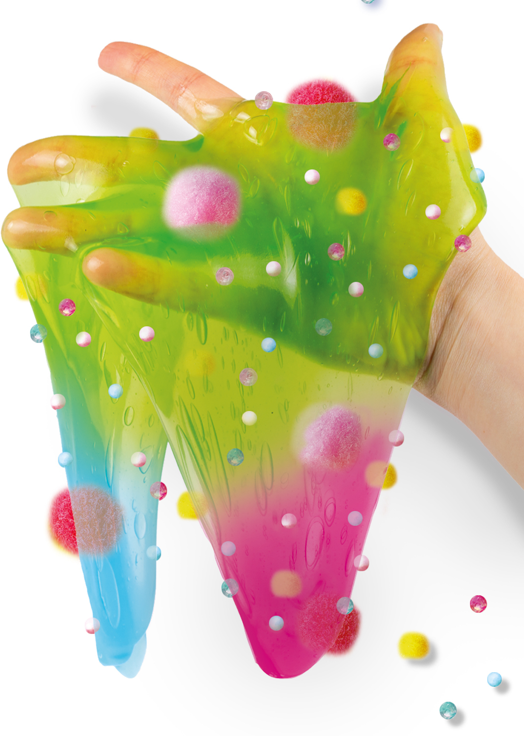 Hand hält bunten Schleim, grün bis blau und rosa, mit kleinen bunten Kugeln und flauschigen rosa Elementen.