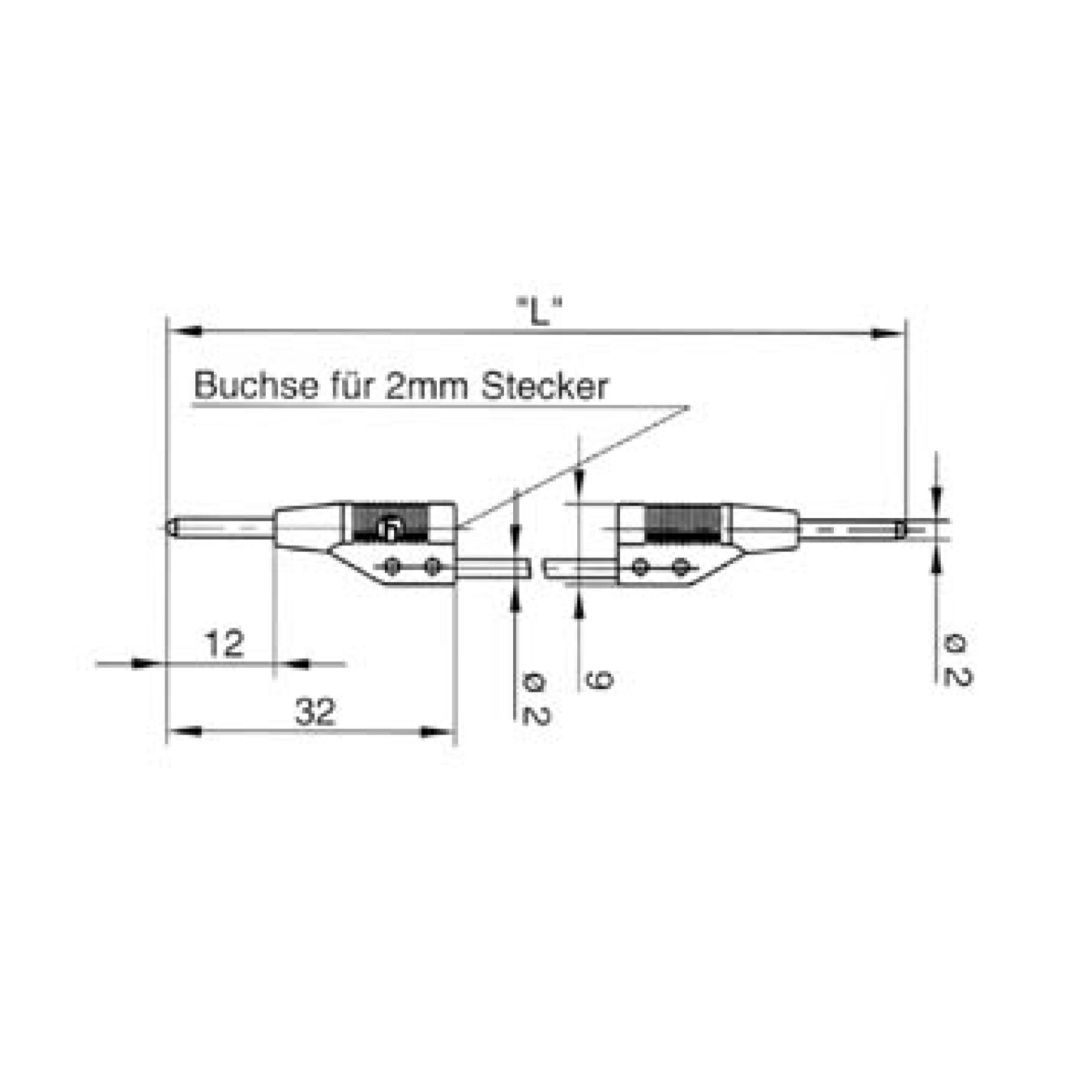Diagramm von zwei Anschlussklemmen mit Abmessungen. Text zeigt 'Buchse für 2mm Stecker'.