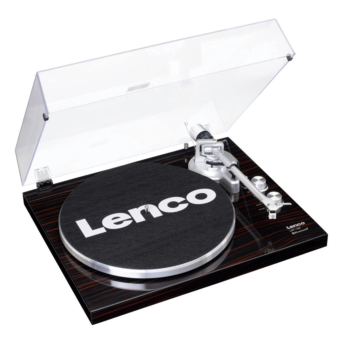 Ein Lenco-Plattenspieler mit schwarzer Schallplatte, silbernem Arm und klarer Abdeckung. Die Basis ist braunes Holz mit glänzendem Finish.