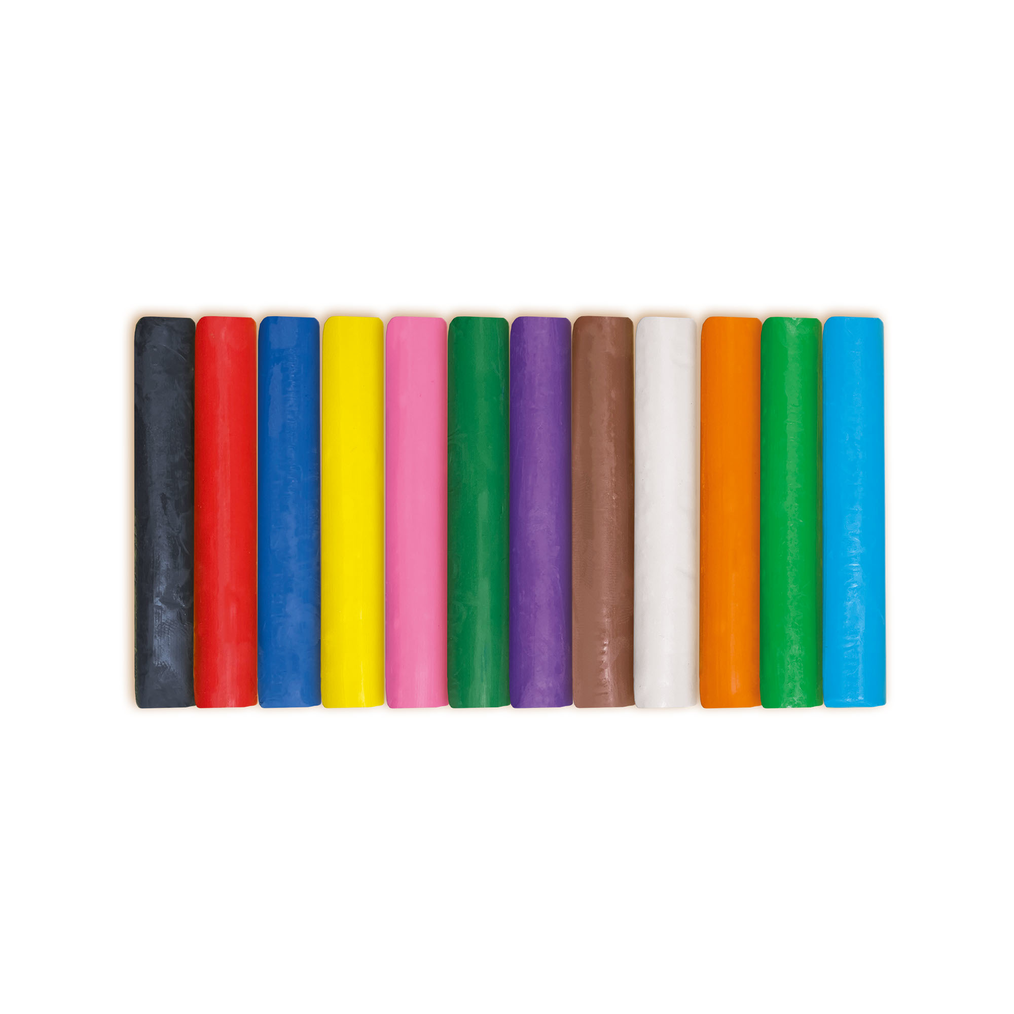 Reihe bunter Knetstifte: schwarz, rot, blau, gelb, rosa, grün, lila, braun, weiß, orange, grün und blau.