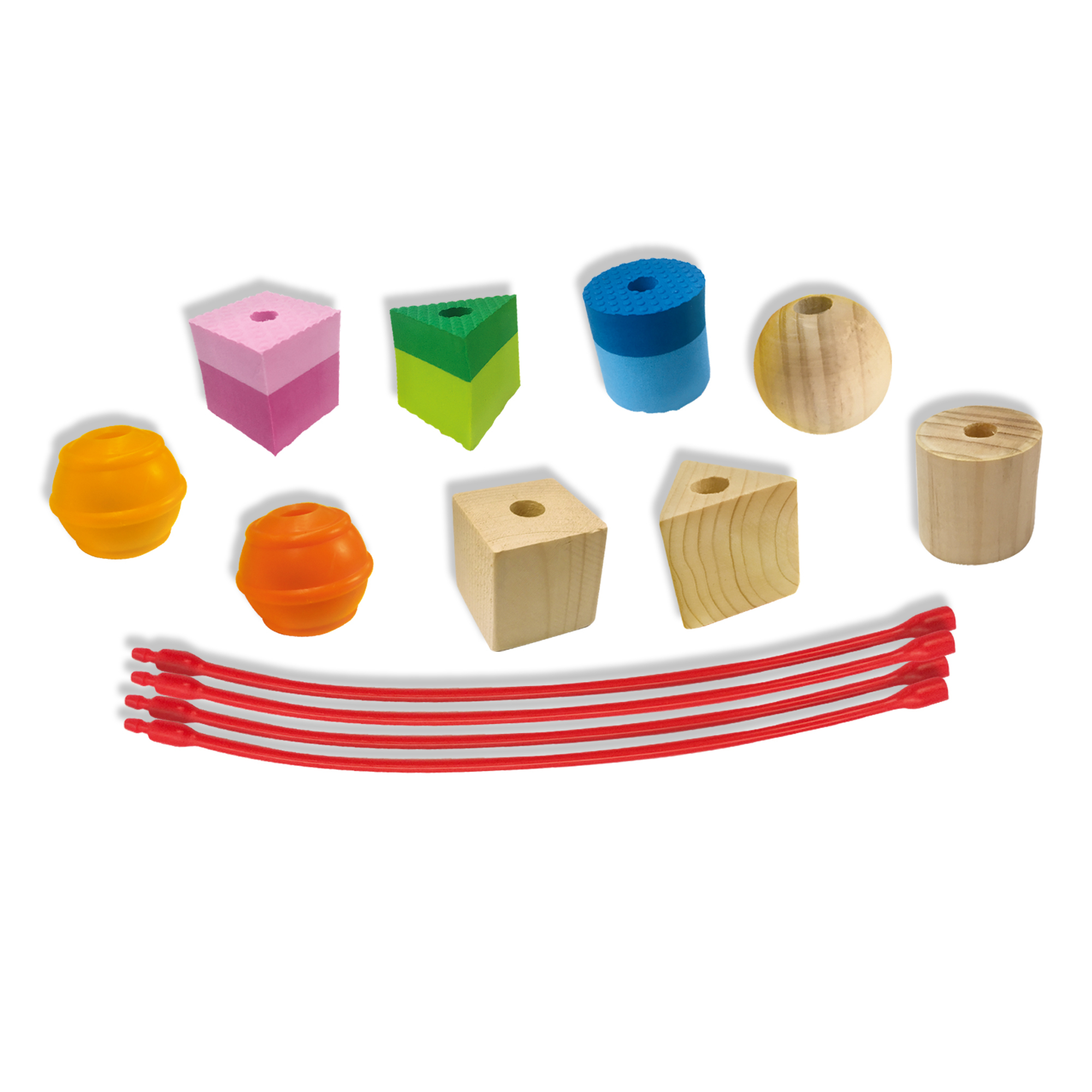 Varios bloques de colores, formas de madera y cuerdas rojas están dispuestos sobre fondo blanco.