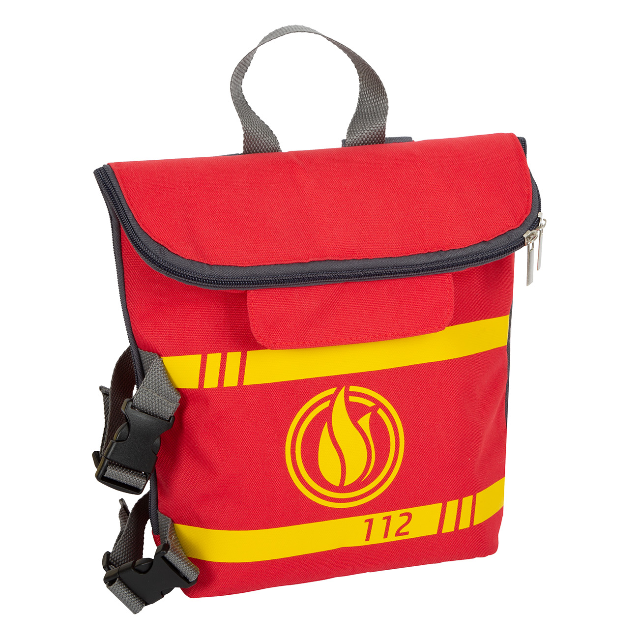 Una borsa di emergenza rossa con strisce gialle, un logo a fiamma e il numero 112. Ha un manico grigio e cinghie con fibbie nere.