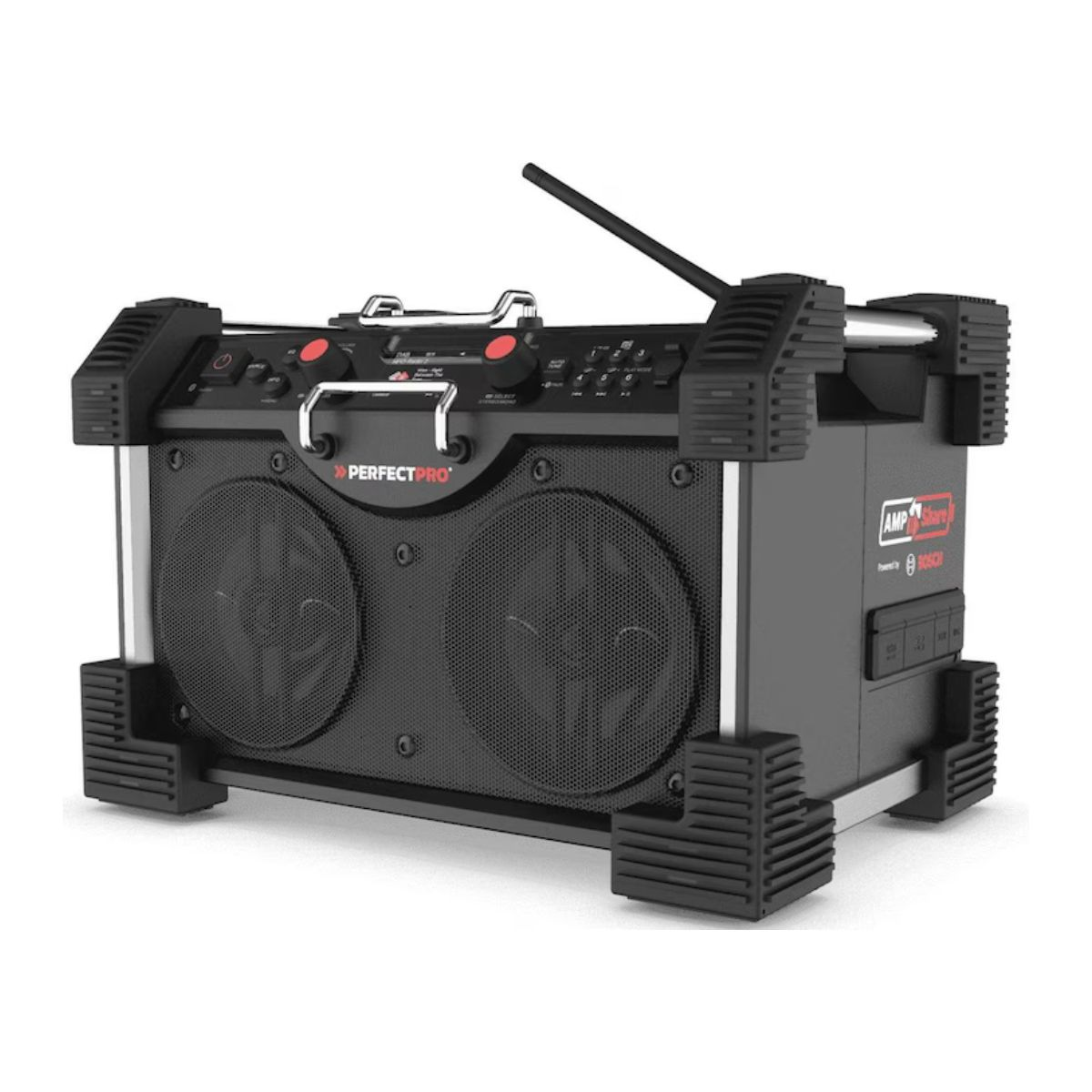 Una radio PerfectPro nera e argento. Ha due altoparlanti, una maniglia e un'antenna nera. È su sfondo bianco.