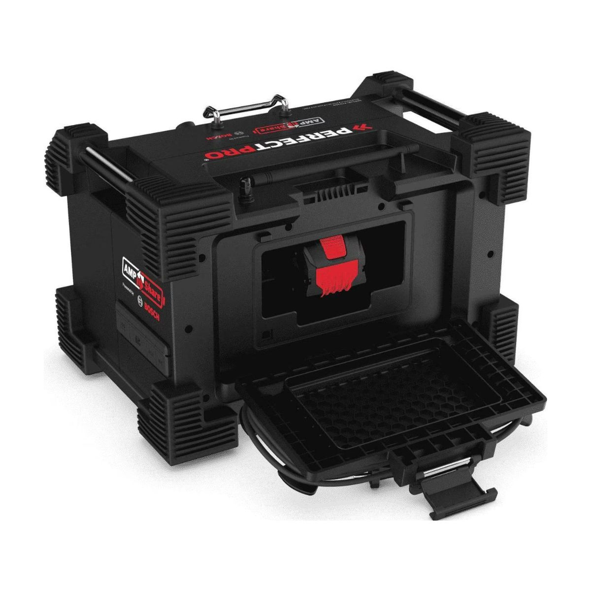 Radio Bosch PerfectPro nera. Vano aperto rivela dettagli rossi. Loghi AMP Share e Bosch. Maniglia in alto.