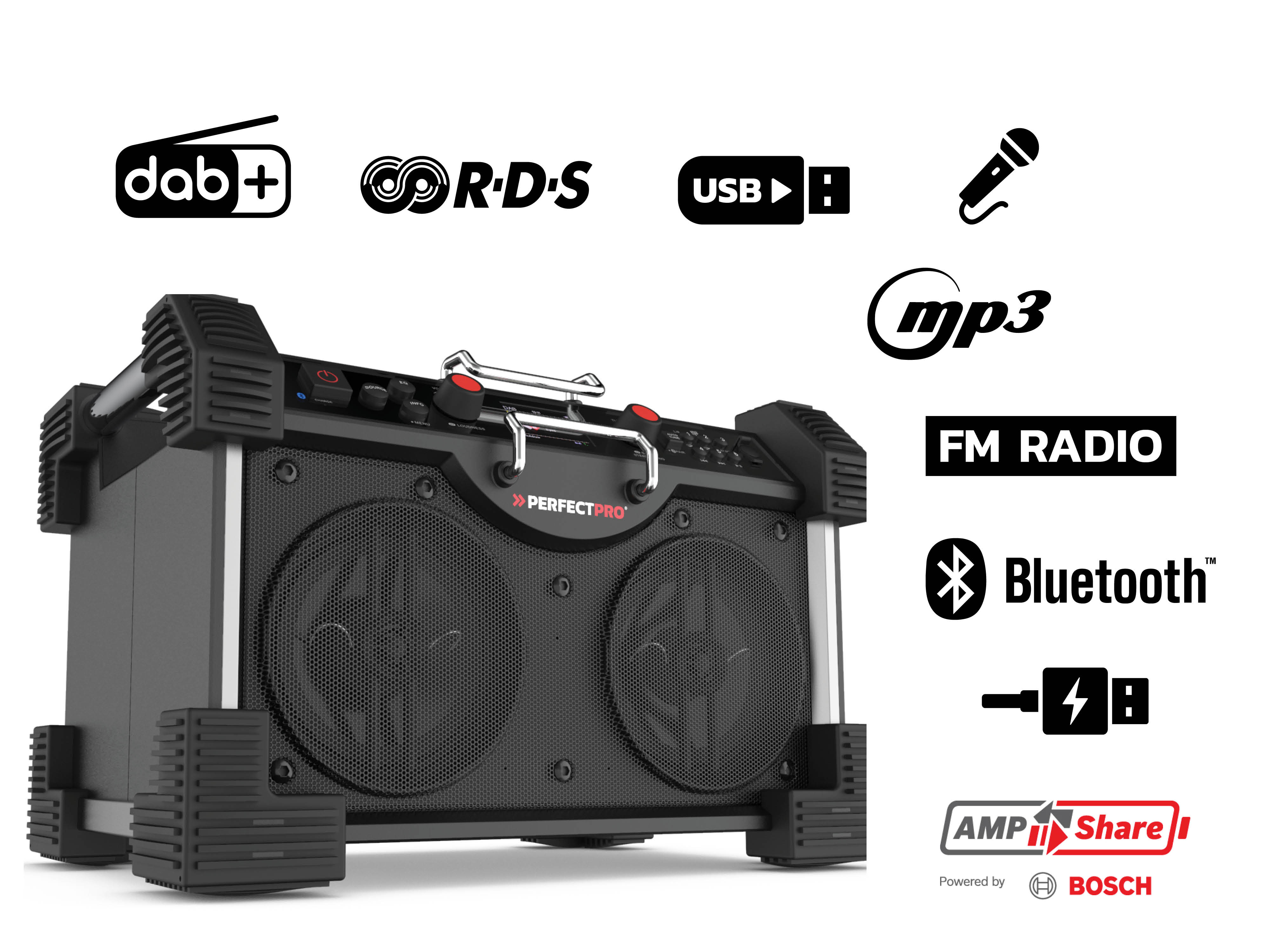 Un altoparlante PerfectPro nero e argento con due altoparlanti e vari loghi, tra cui Bluetooth e USB.