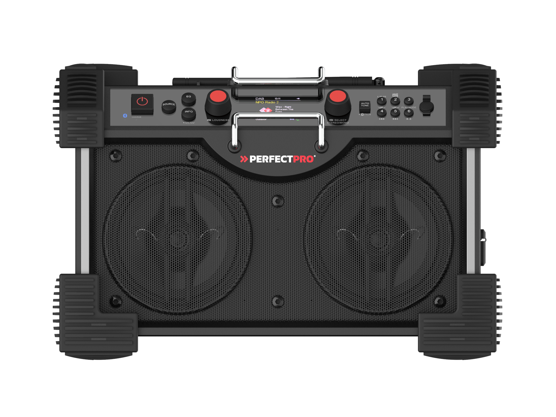 Una radio PerfectPro nera con due altoparlanti, pulsanti e un display digitale. Ha una maniglia e si trova su sfondo bianco.