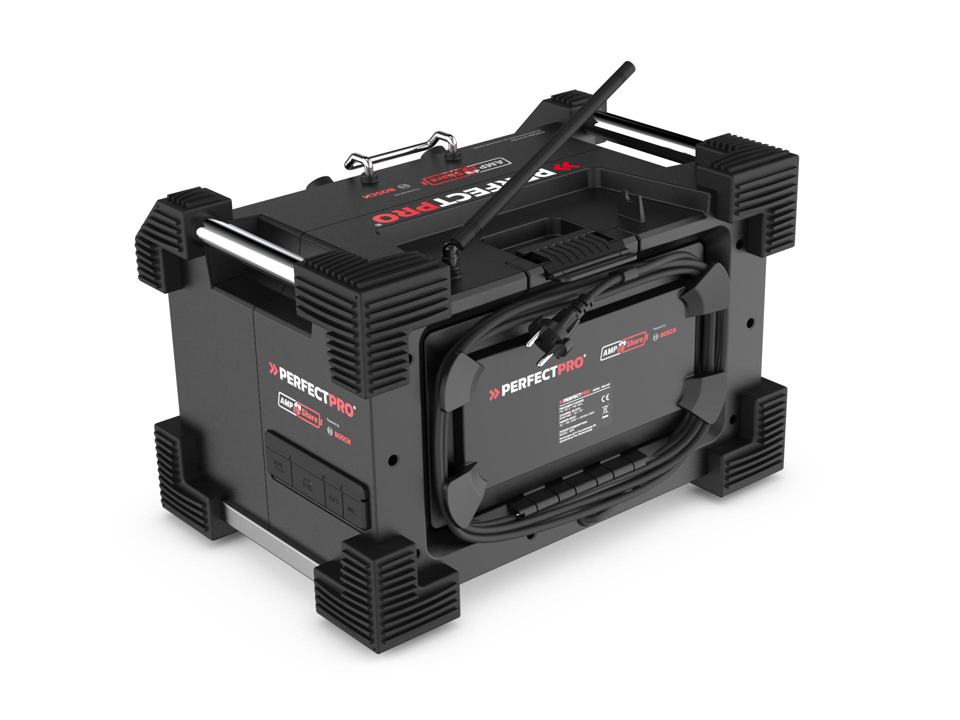 Radio PerfectPro nero e rosso. Ha una maniglia, un'antenna e angoli protettivi. Il logo Bosch è visibile.