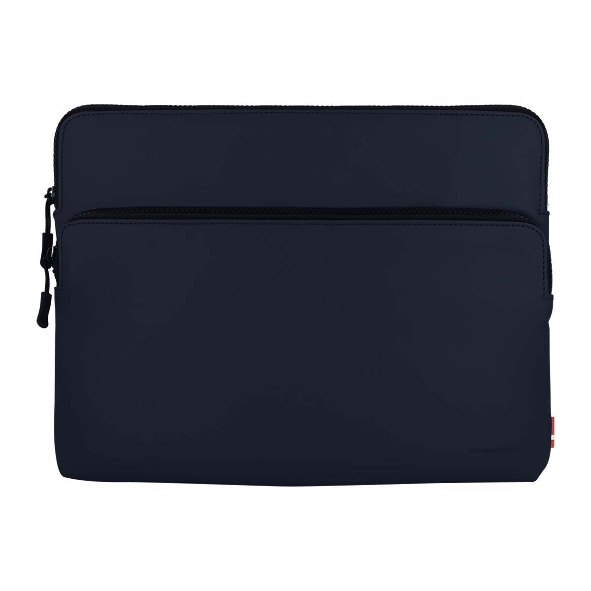 Eine marineblaue Laptoptasche mit schwarzem Reißverschluss und kleinem rot-weißem Logo.