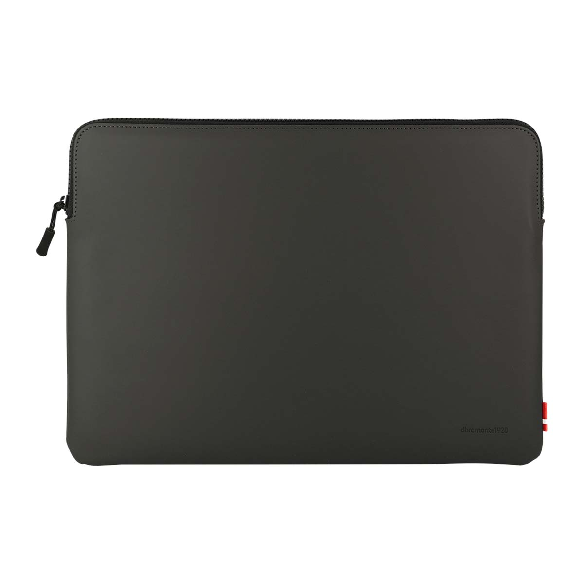 Una custodia per laptop grigio scuro con cerniera. Il marchio è in basso a destra con una striscia rossa.