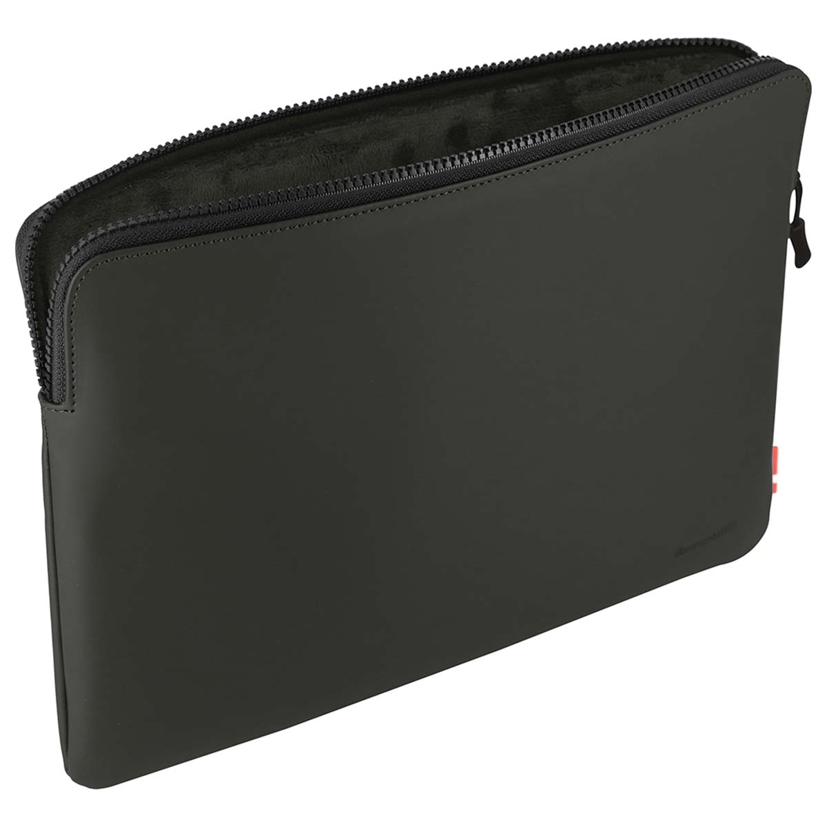 Una custodia per laptop grigio scuro è aperta, rivelando un interno morbido. Cerniera nera, con etichetta rossa.