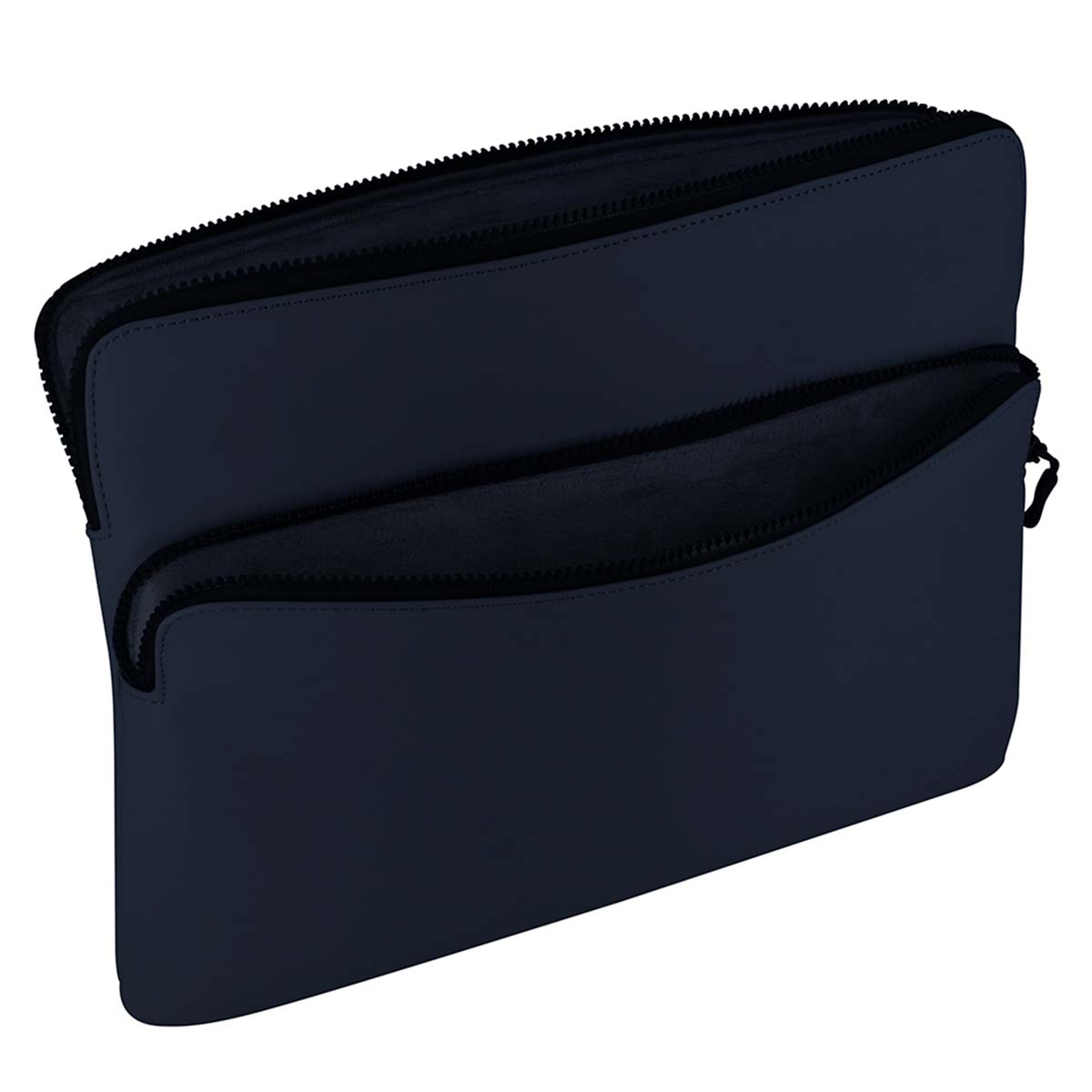 Eine marineblaue Laptoptasche mit offenem Hauptfach und Vordertasche, beide mit schwarzen Reißverschlüssen. Der Hintergrund ist weiß.