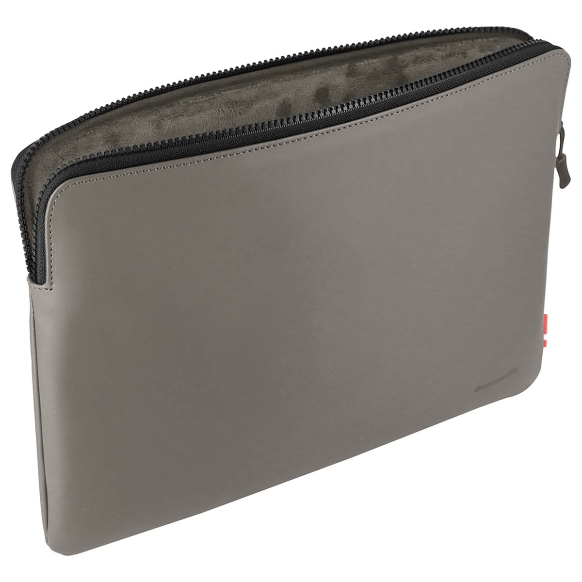 Une housse grise pour ordinateur portable avec une fermeture éclair noire. L'intérieur est gris plus foncé. La housse est sur fond blanc.