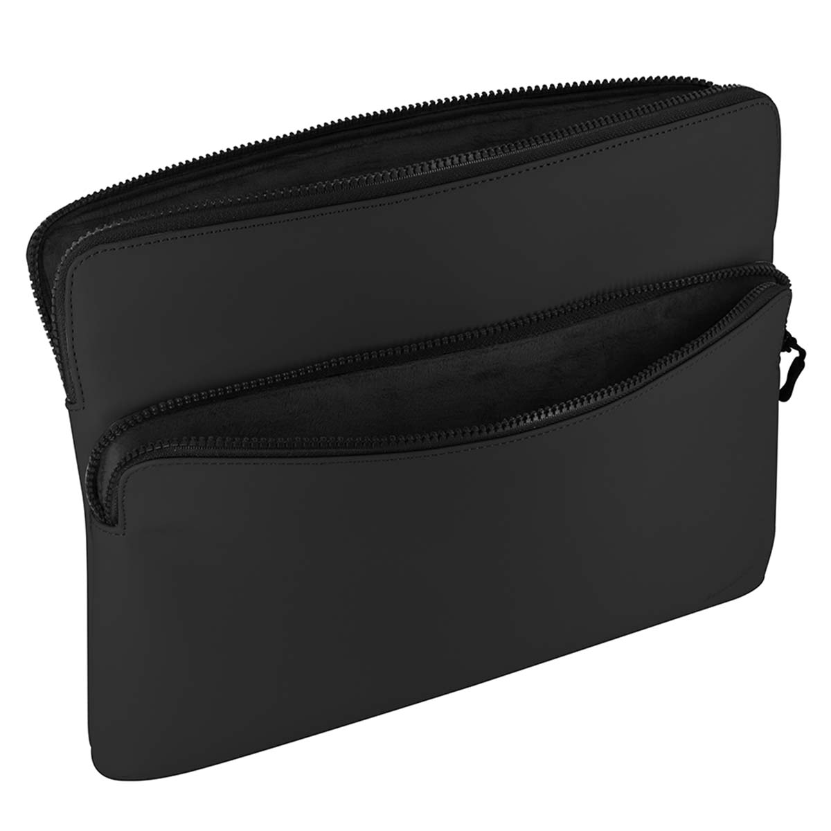 Eine schwarze Laptoptasche ist geöffnet und zeigt ein weiches Innere. Reißverschlüsse verlaufen entlang der offenen Kanten. Der Hintergrund ist schlicht.