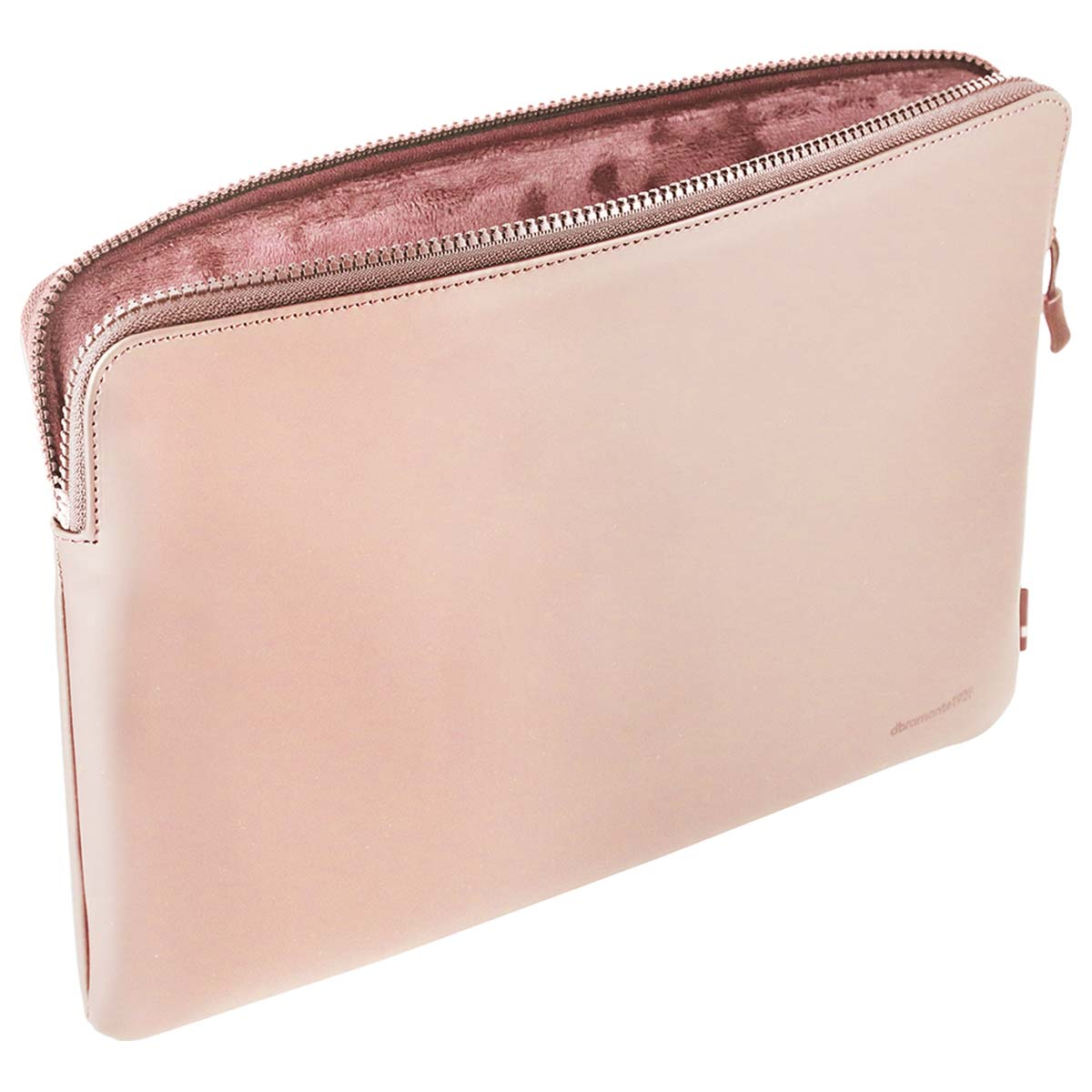 Una custodia per laptop rosa chiaro con cerniera. L'interno è di un rosa più scuro e l'esterno è liscio. La cerniera è argentata.