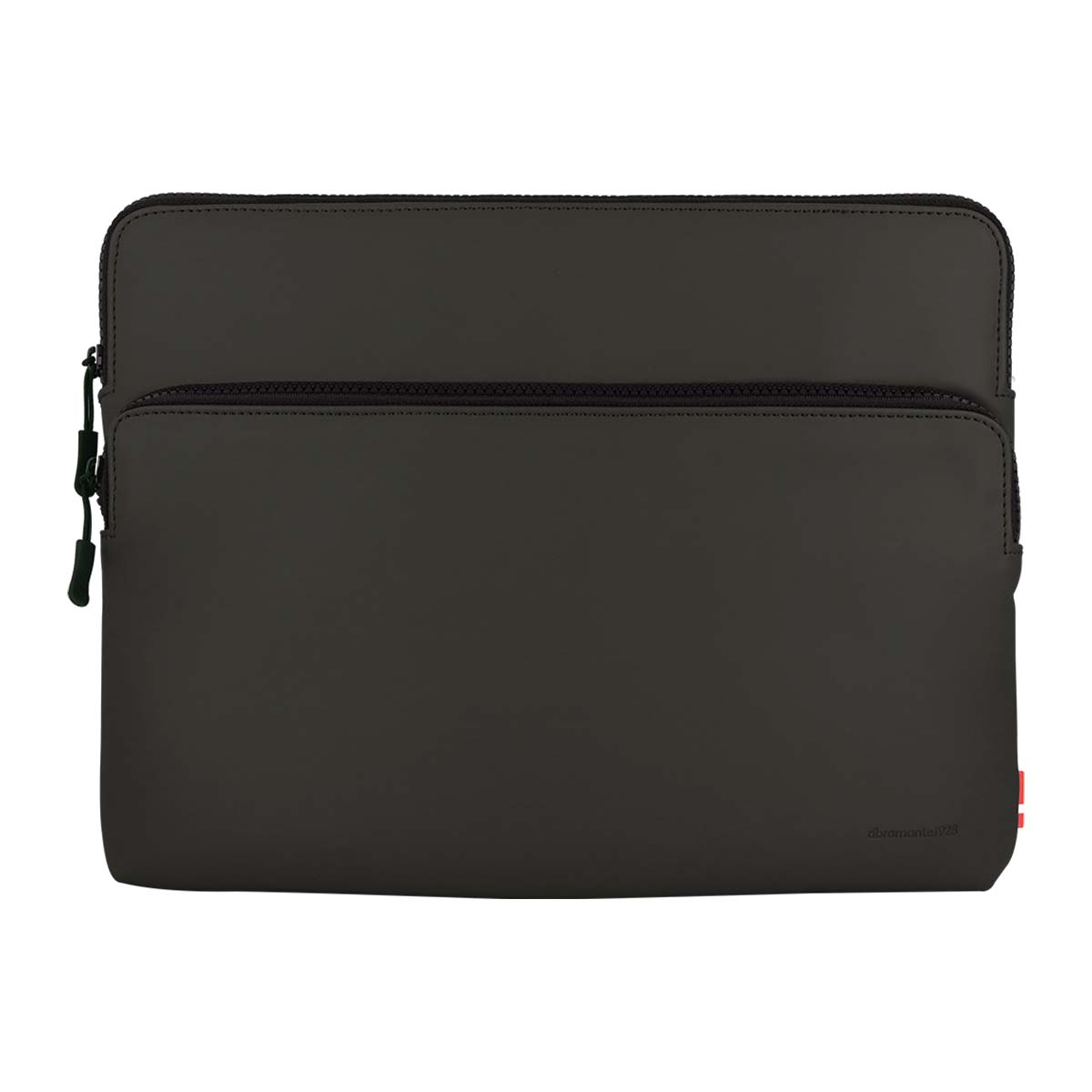 Custodia per laptop grigio scuro con cerniera nera e piccolo accento rosso. Il marchio è visibile in basso.