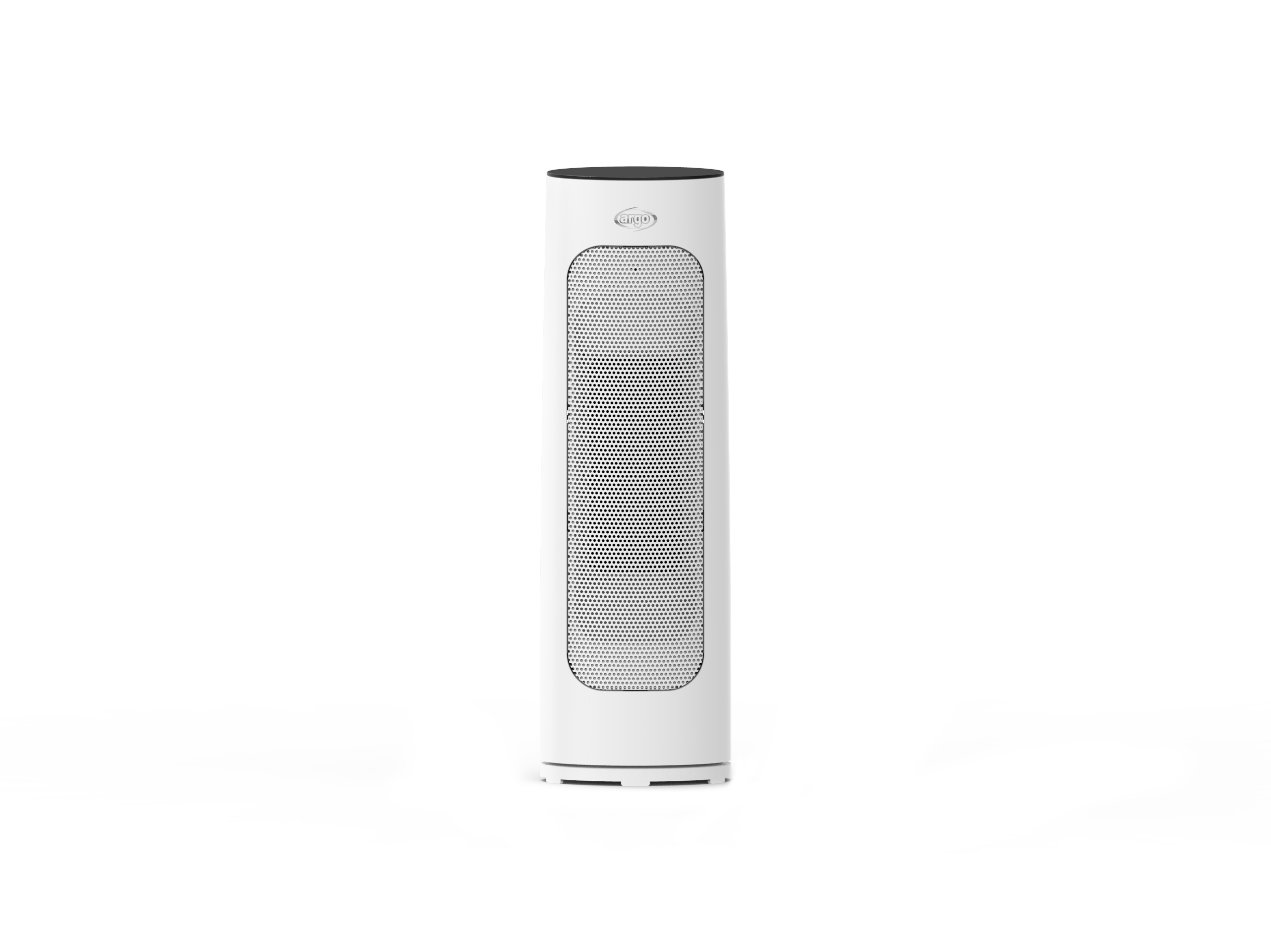 Biały, cylindryczny oczyszczacz powietrza Argo z perforowanym panelem przednim, czarnym blatem i białą podstawą. Na białym tle.