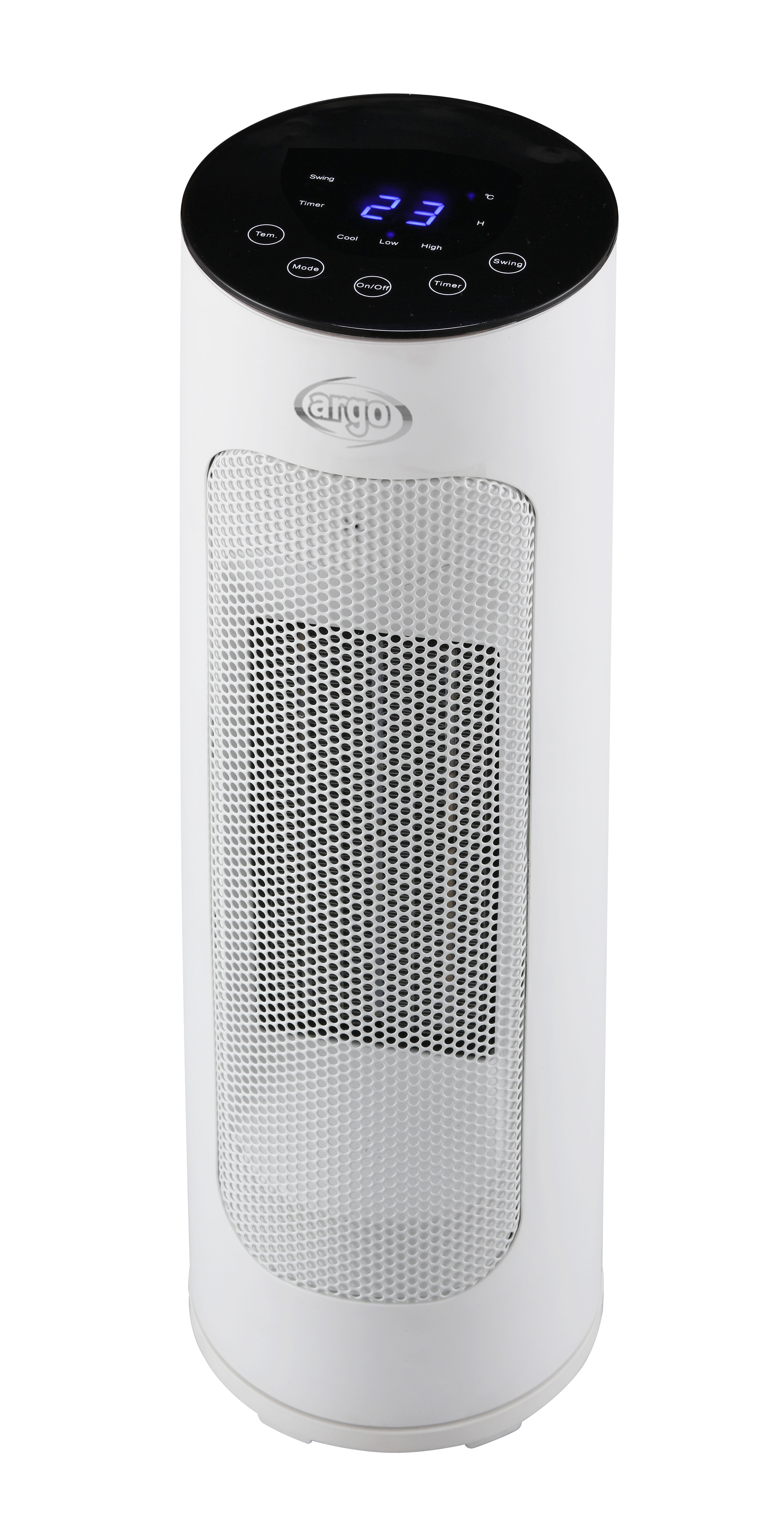 Biały grzejnik wieżowy z czarnym blatem. Posiada wyświetlacz cyfrowy z napisem '23'. Przyciski to obrót, timer, tryb i włącz/wyłącz.