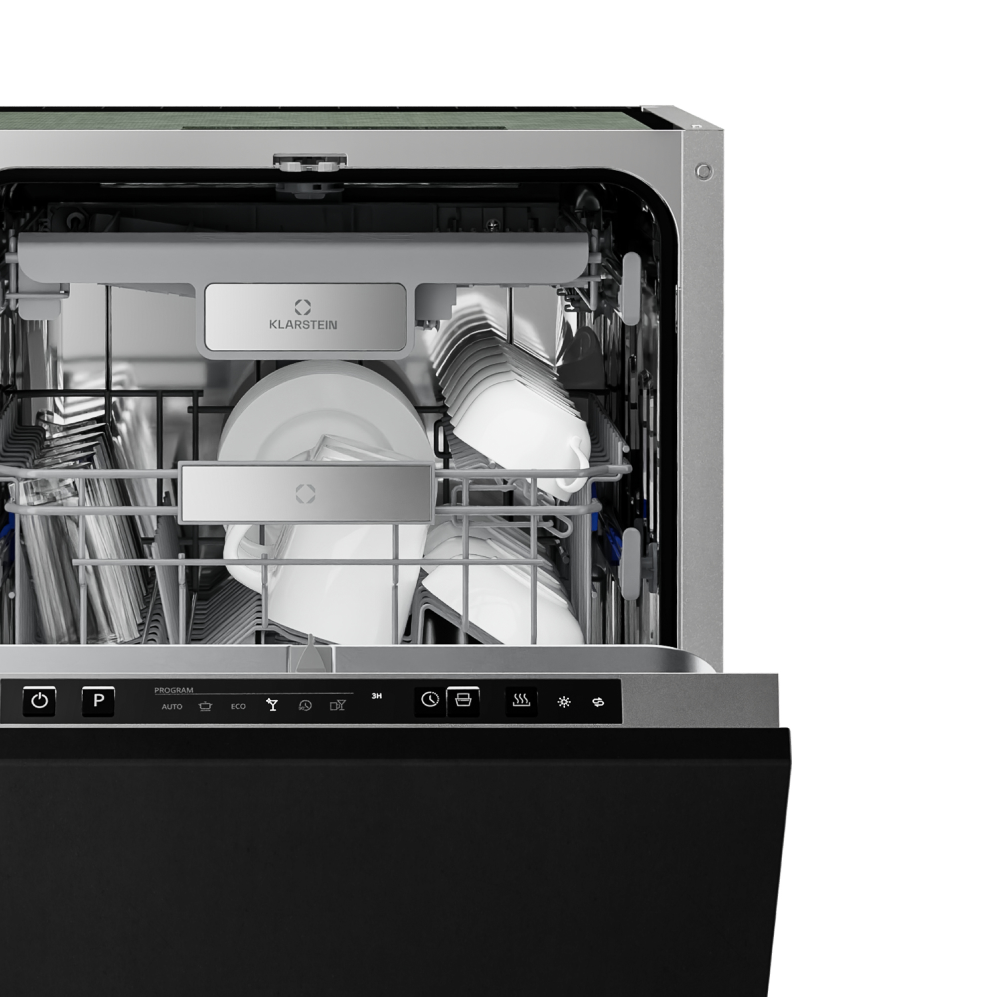 Geschirrspüler-Innenraum mit Tellern, Tassen und Besteck. Bedienelemente sind unten sichtbar.