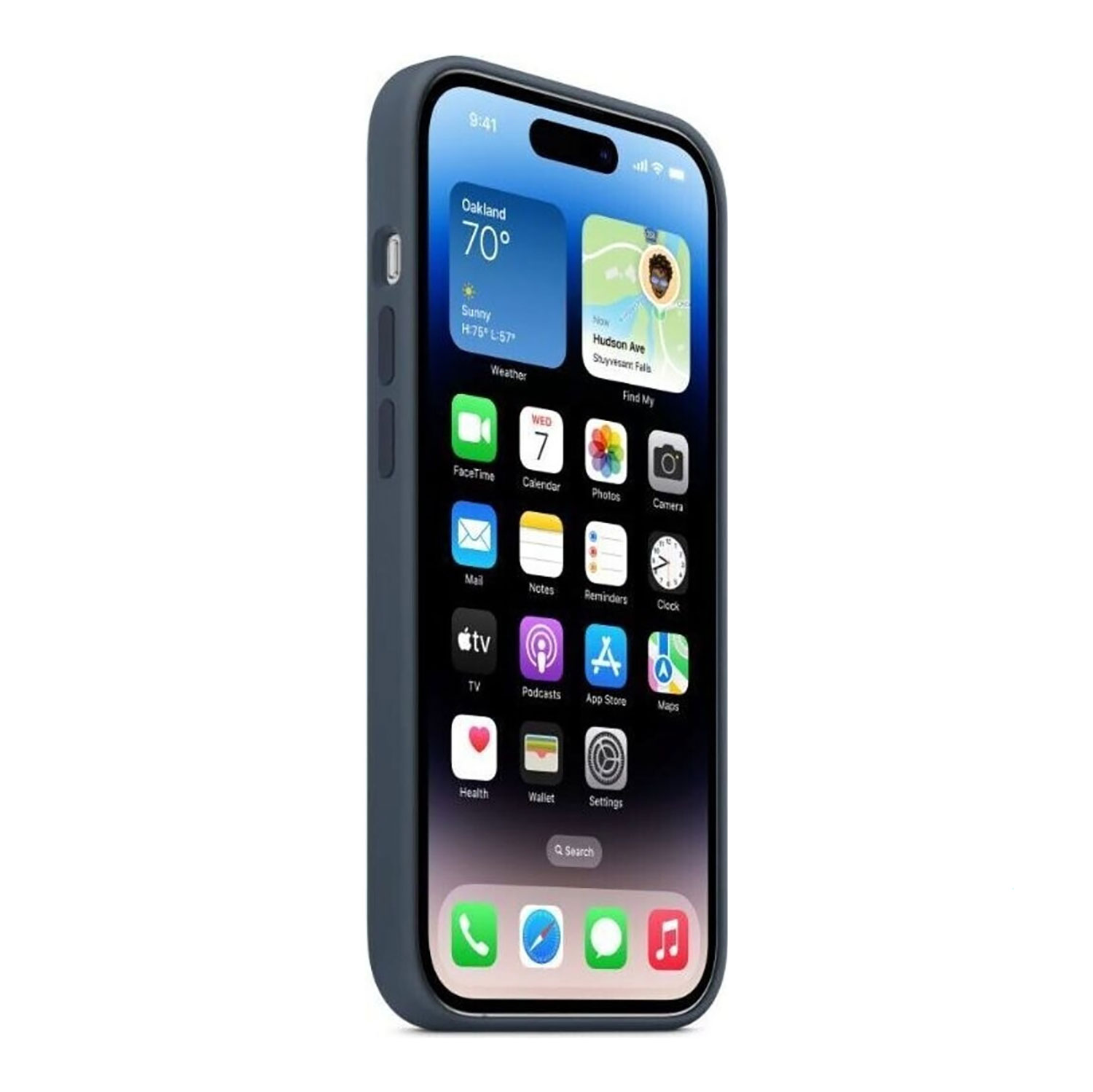 Un iPhone in una custodia blu mostra la sua schermata iniziale con le icone delle app. Lo schermo mostra l'ora, il meteo e le icone delle app.