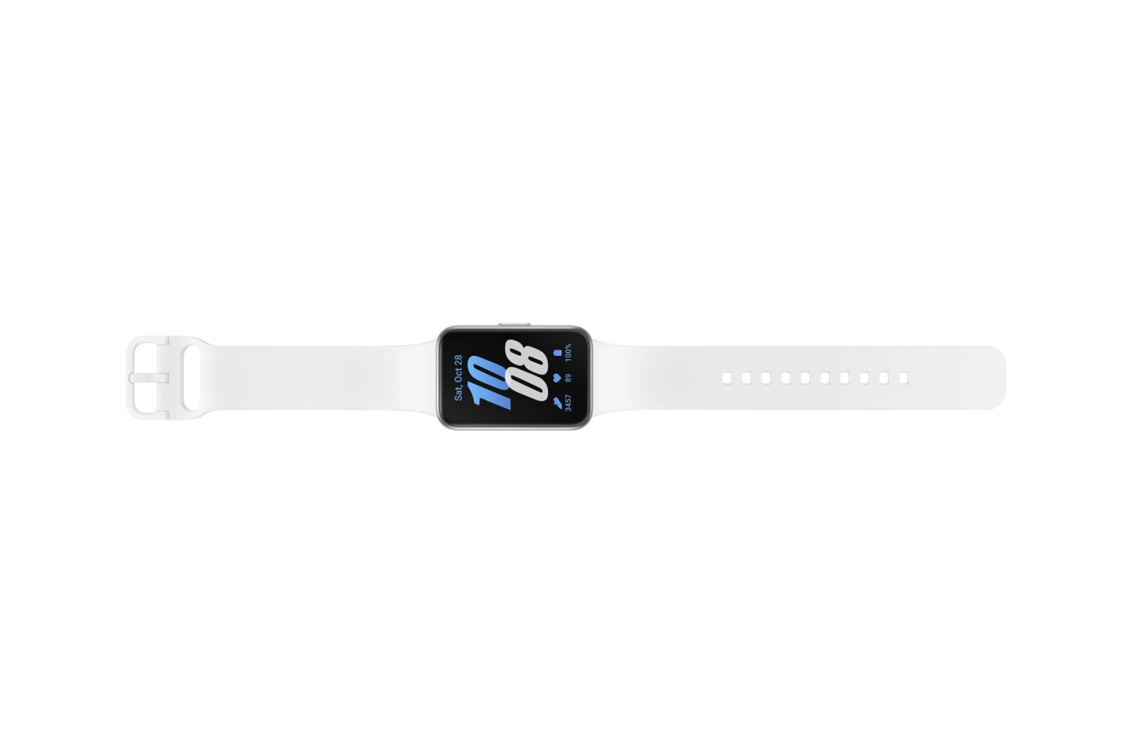 Een witte smartwatch met de tijd 10:08. De band is wit met een gesp aan één uiteinde en gaten aan de andere kant.