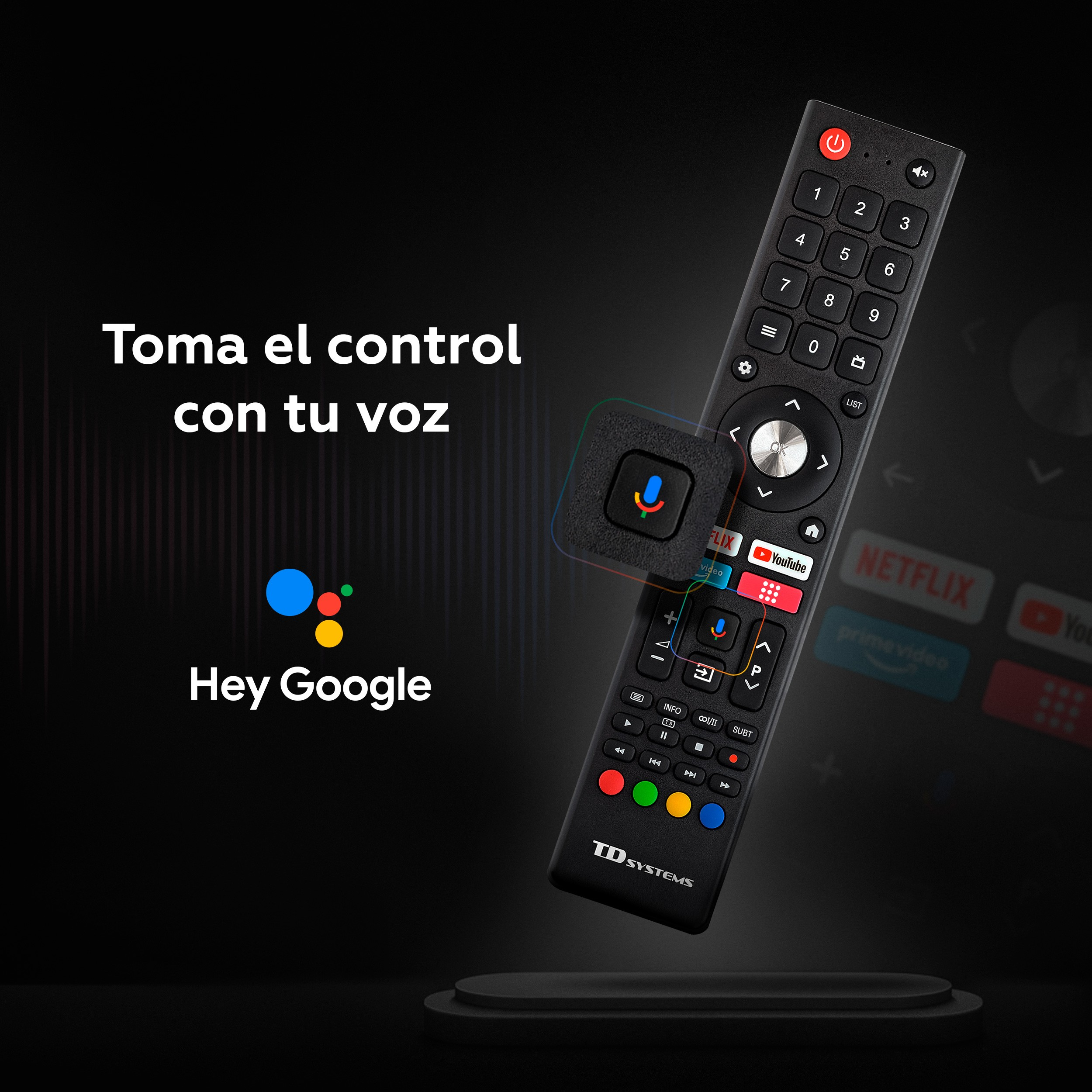 Un control remoto con botones y asistente de voz. El texto dice 'Toma el control con tu voz' y 'Hey Google'.