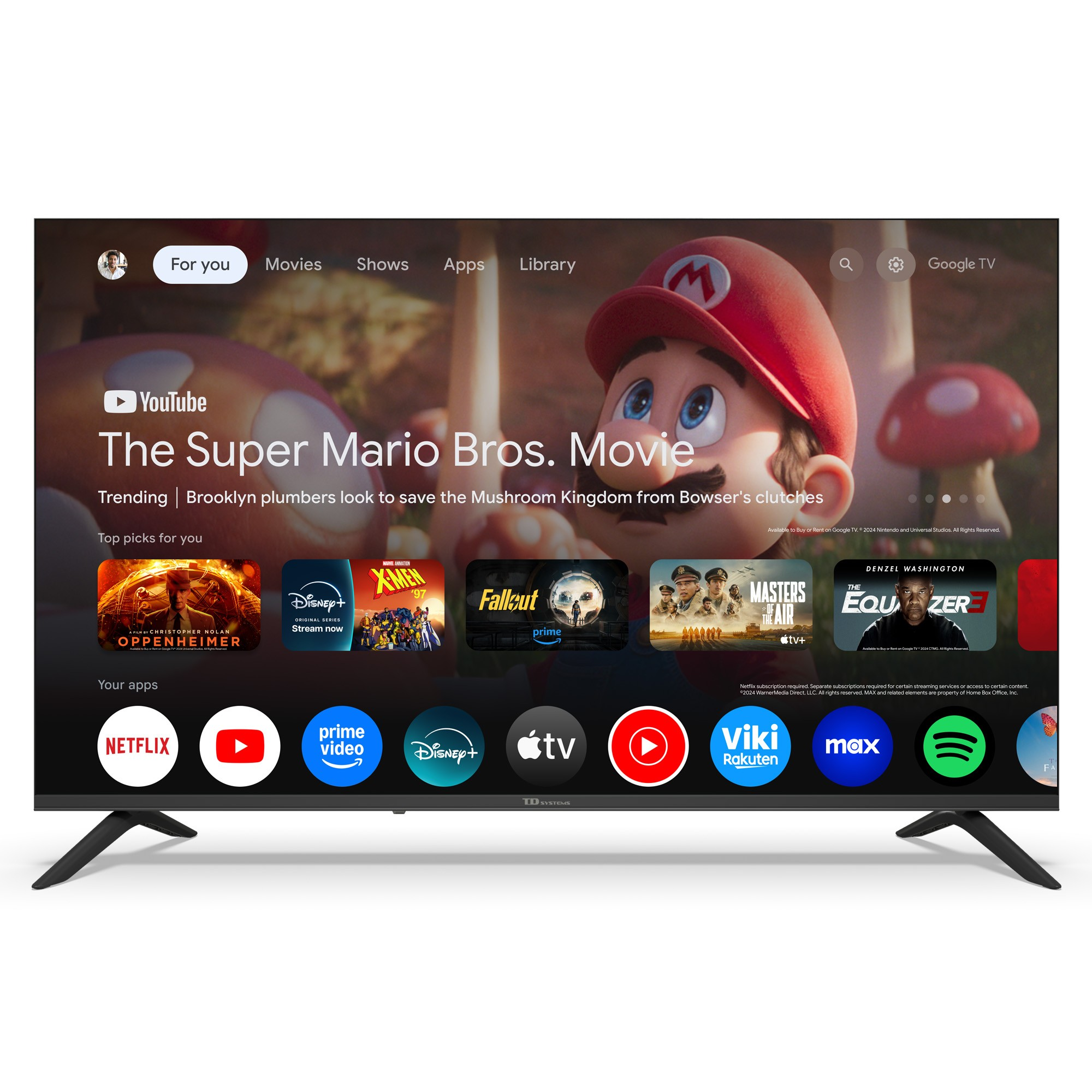 Un televisor muestra la película Super Mario Bros., con iconos de aplicaciones debajo. Un personaje de Mario y un hongo son visibles.