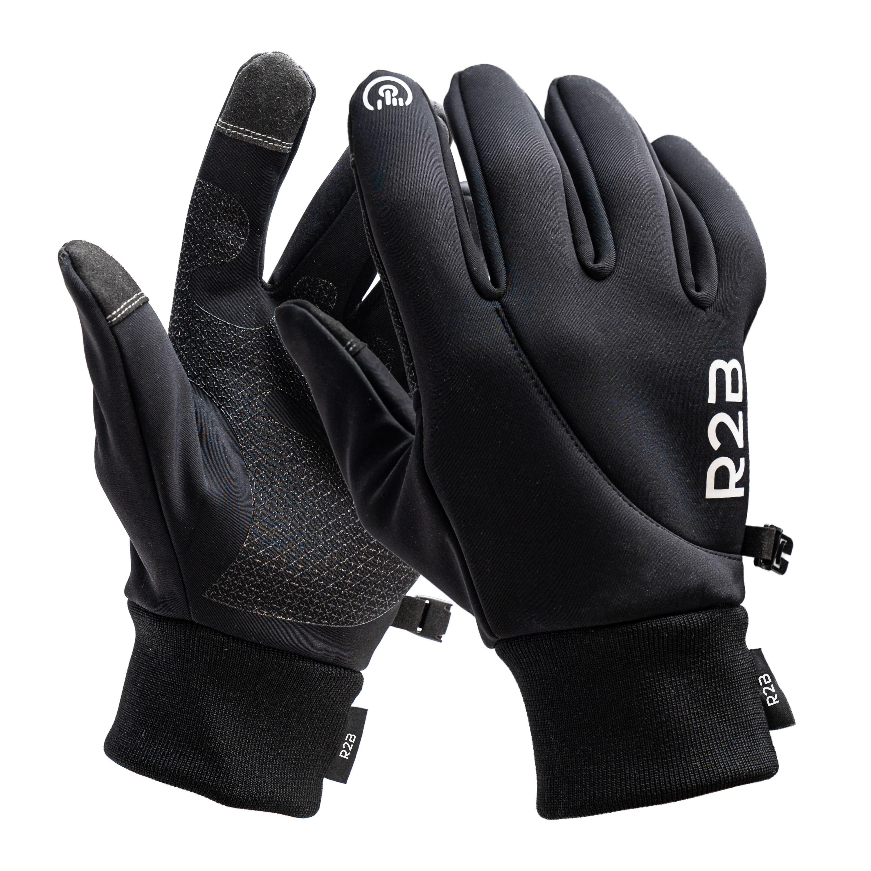 Deux gants noirs avec marquage blanc et bouts tactiles sont présentés sur fond blanc.
