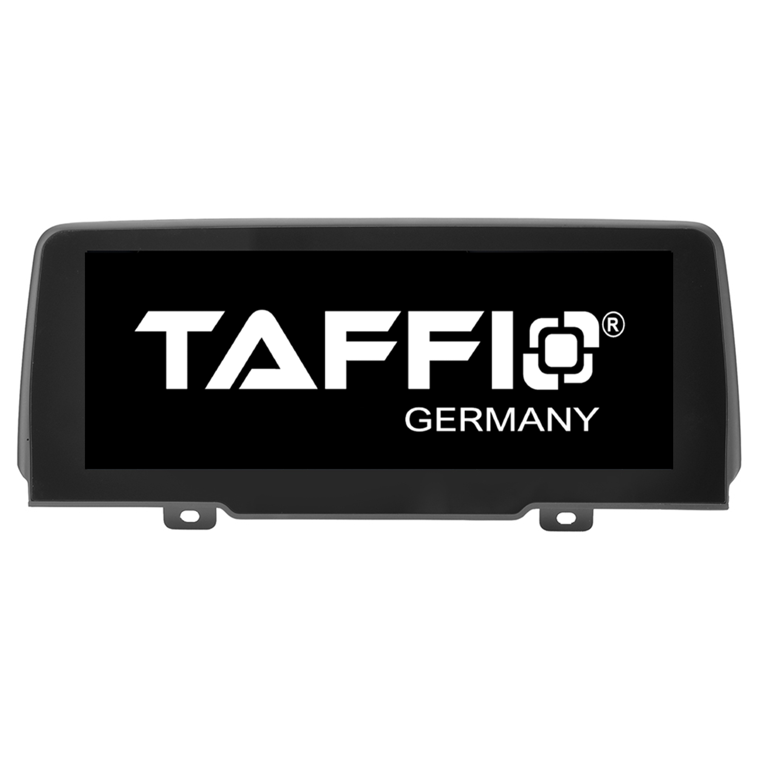 Ein schwarzer Multimedia-Bildschirm im Auto mit weißem Text, der TAFFIO GERMANY lautet.