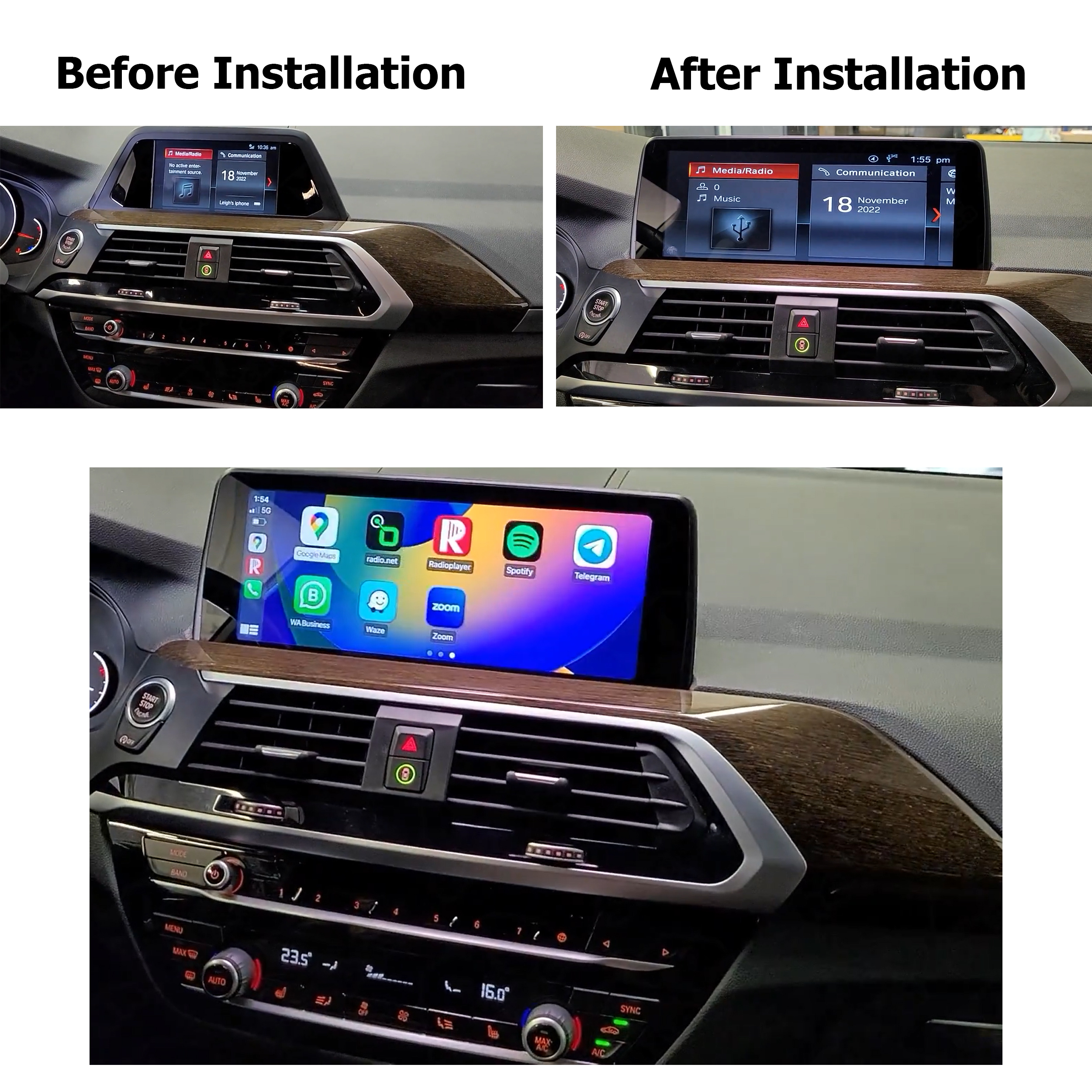 Auto-Armaturenbrett vor und nach der Installation eines neuen Infotainmentsystems mit Apps.