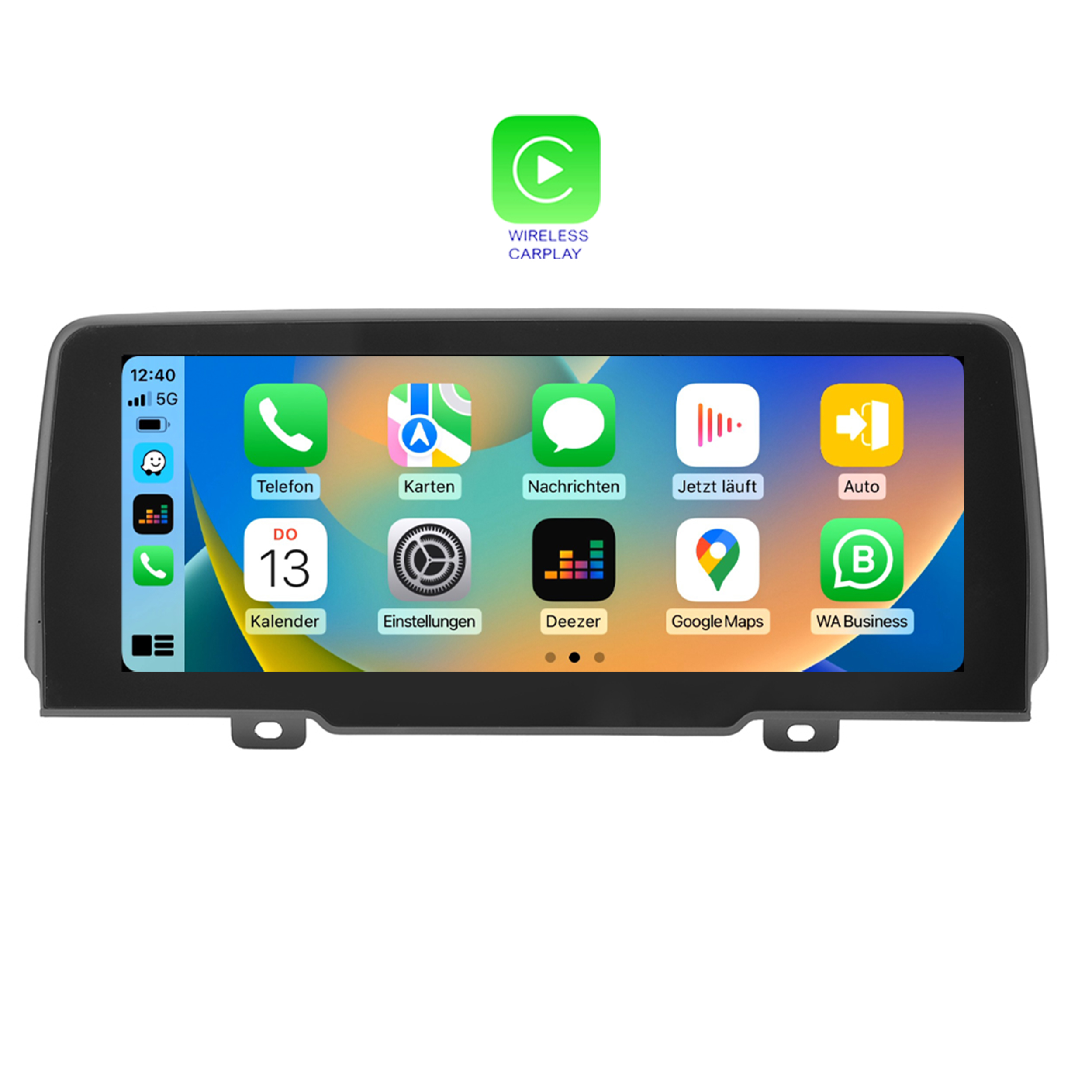 Carplay-Bildschirm mit App-Symbolen: Telefon, Karten, Nachrichten, Kalender, Einstellungen, Deezer, Google Maps und WA Business.