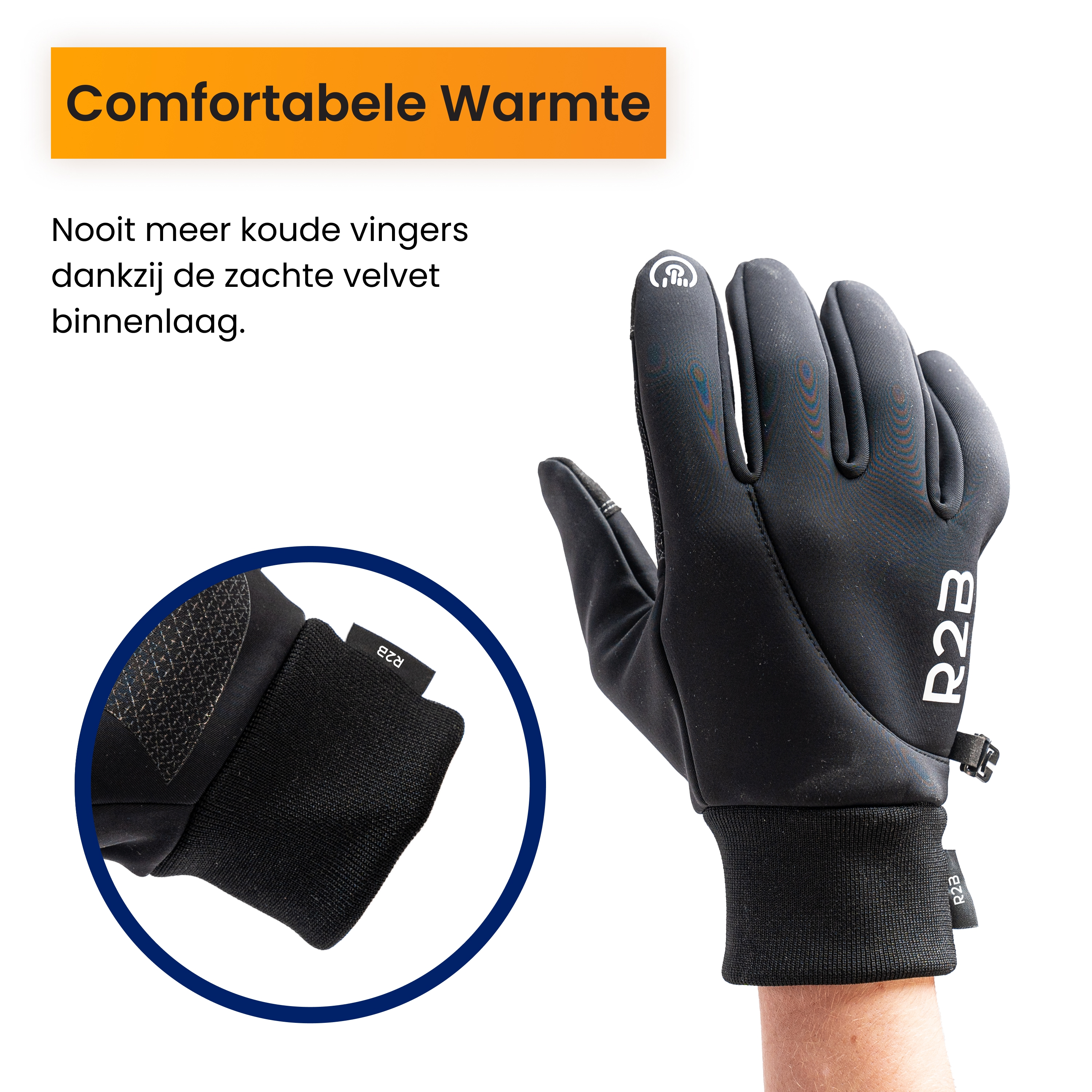 Gant noir sur une main. Comprend le texte "R2B" et "Comfortabele Warmte".