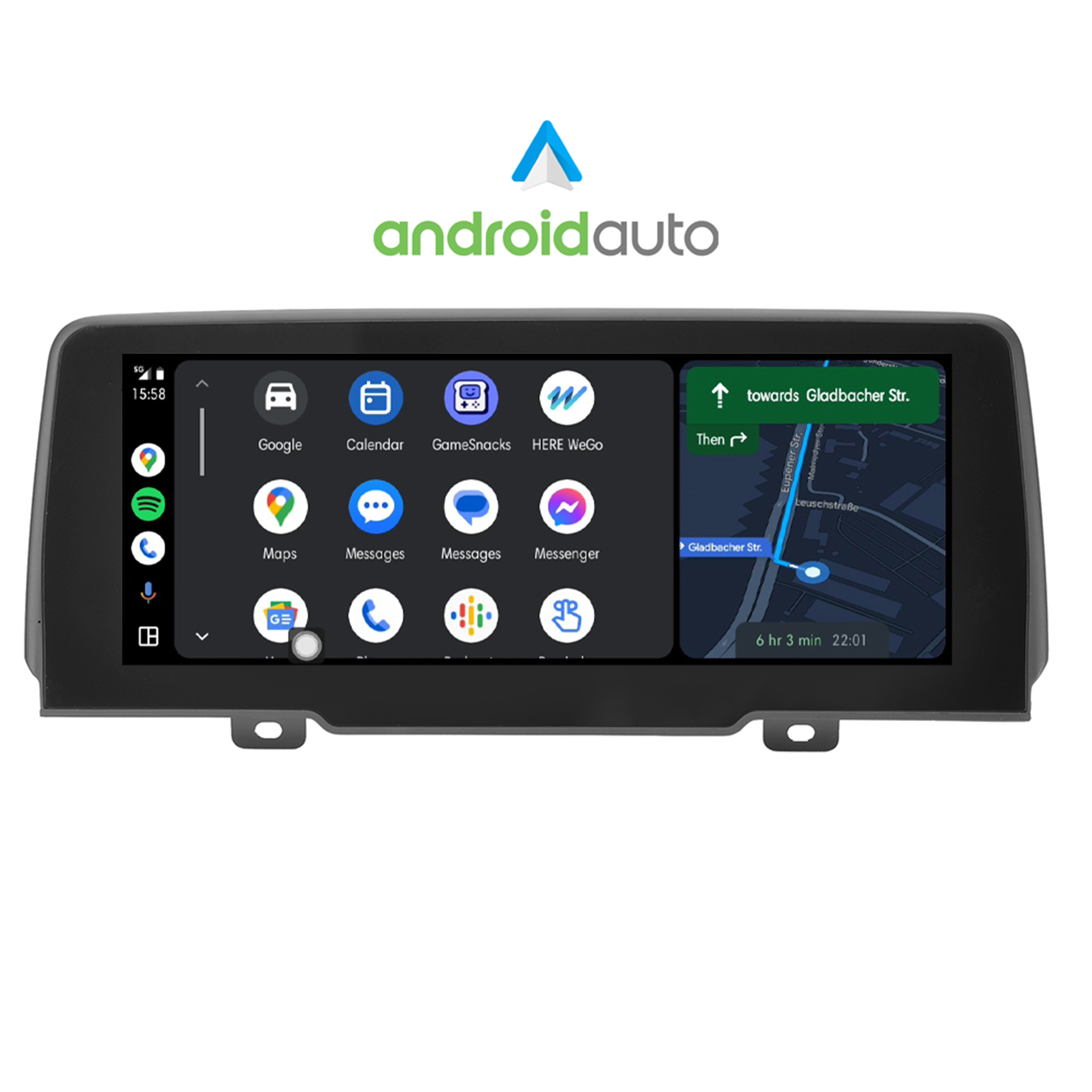 Android Auto-Oberfläche. Zeigt Apps wie Google Maps und Navigation. Zeit 15:58. Wegbeschreibung zu einer Straße.