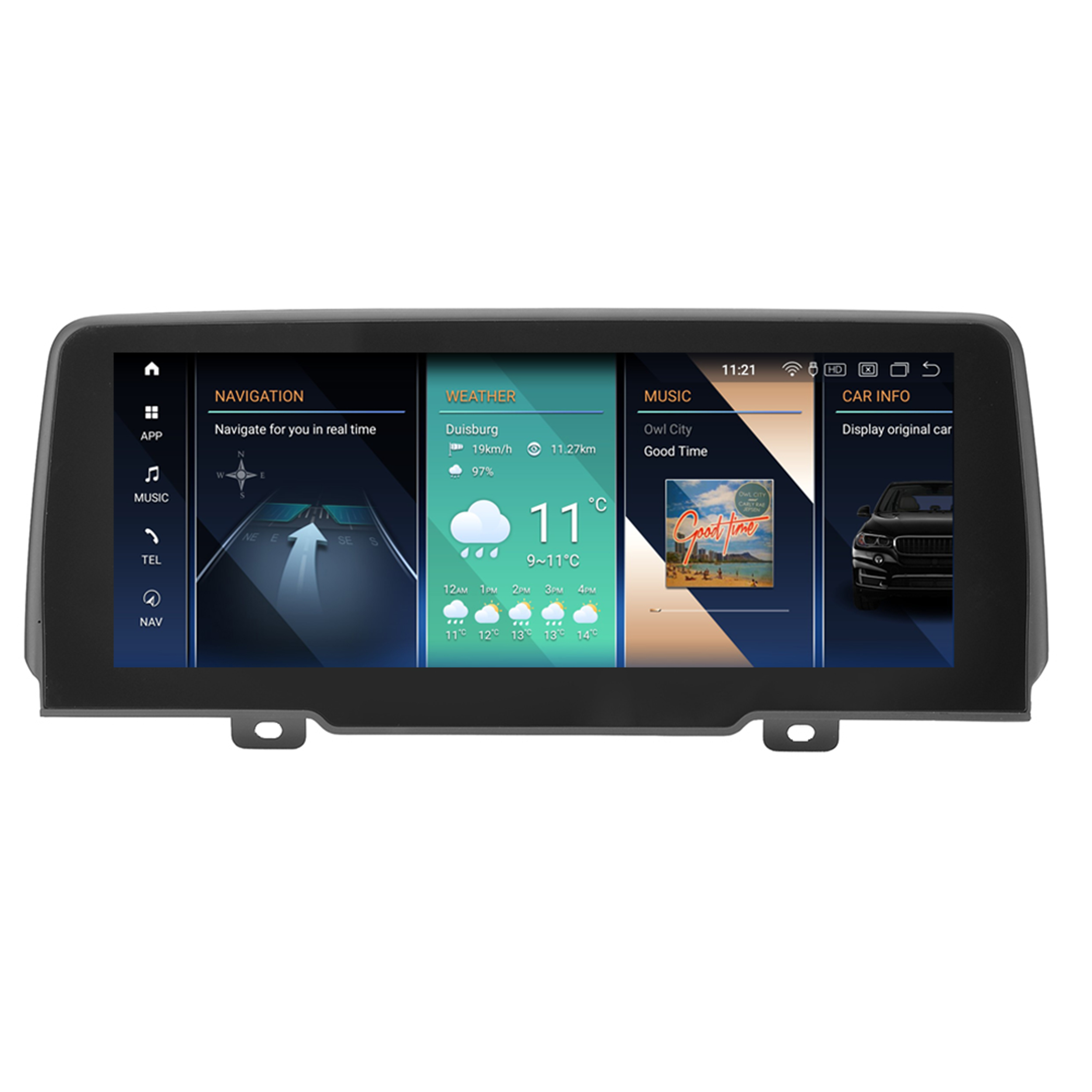 Autodisplay zeigt Navigation, Wetter, Musik und Fahrzeuginformationen. Bildschirm zeigt Temperatur, Uhrzeit und Automodell.