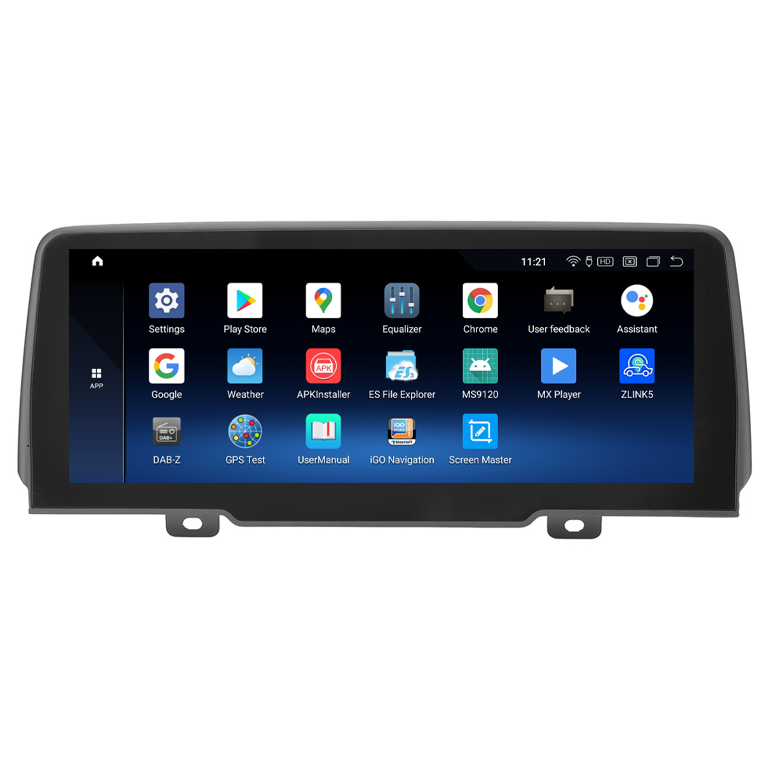 Ein Auto-Multimedia-System zeigt App-Symbole an: Einstellungen, Play Store, Karten, Equalizer, Chrome, Benutzer-Feedback, Assistent.
