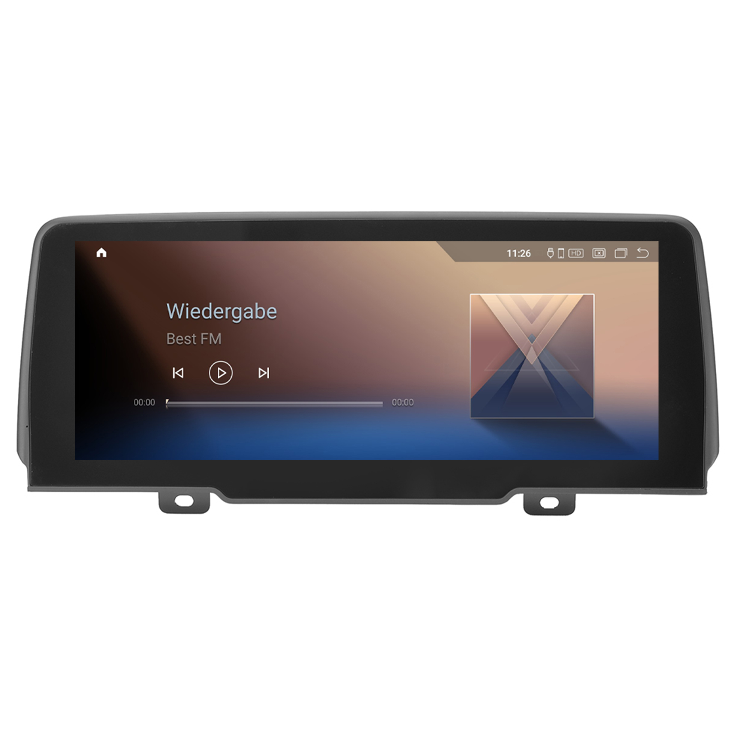 Autoradio-Bildschirm mit Musikbedienelementen. Es zeigt die Uhrzeit, den Stationsnamen und die Wiedergabesteuerung.