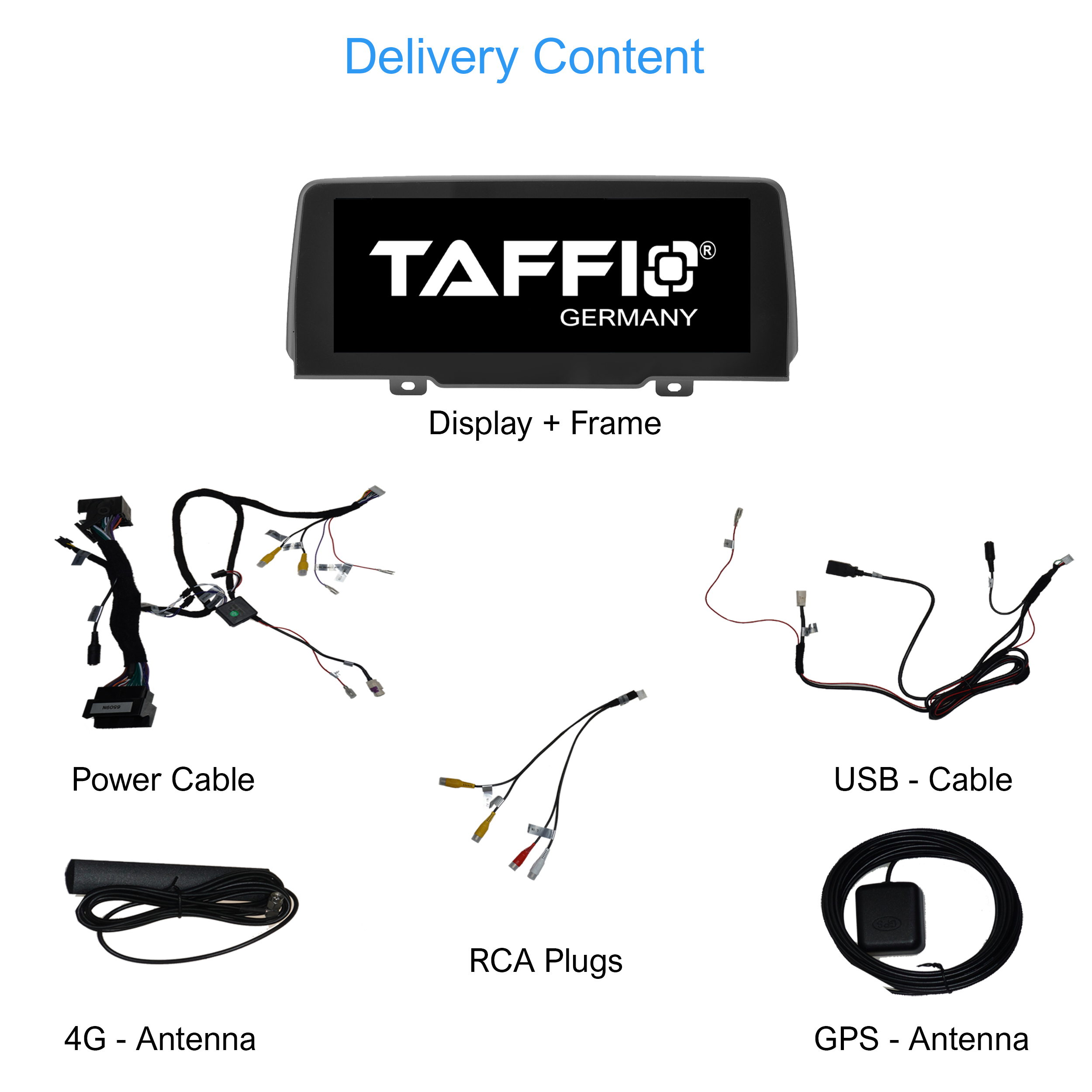 Das Bild zeigt den Lieferumfang: Display, Rahmen, Kabel, Antennen und Stecker. Text beschriftet jede Komponente.