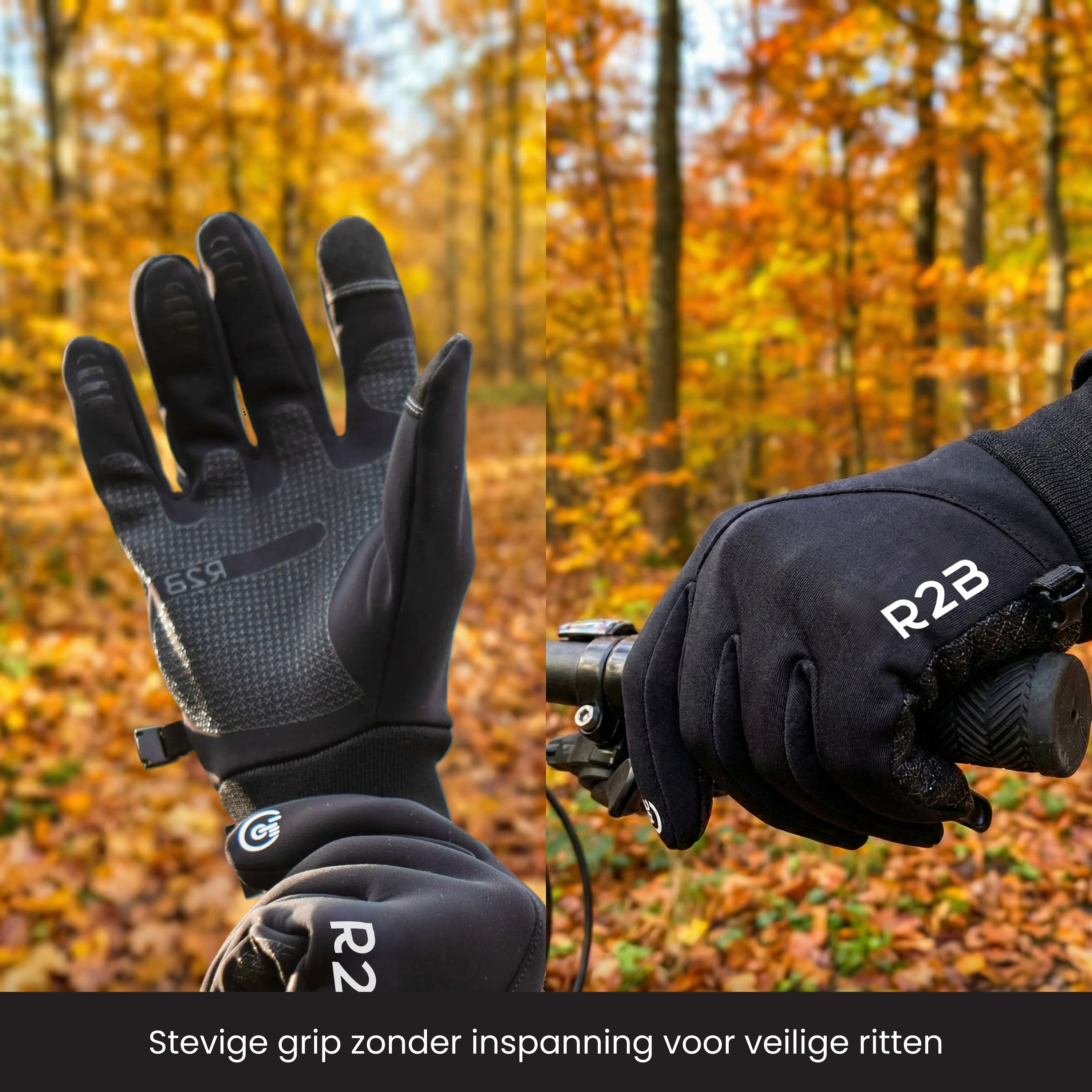Mains gantées de noir sur un guidon de vélo. Fond de forêt aux couleurs d'automne.