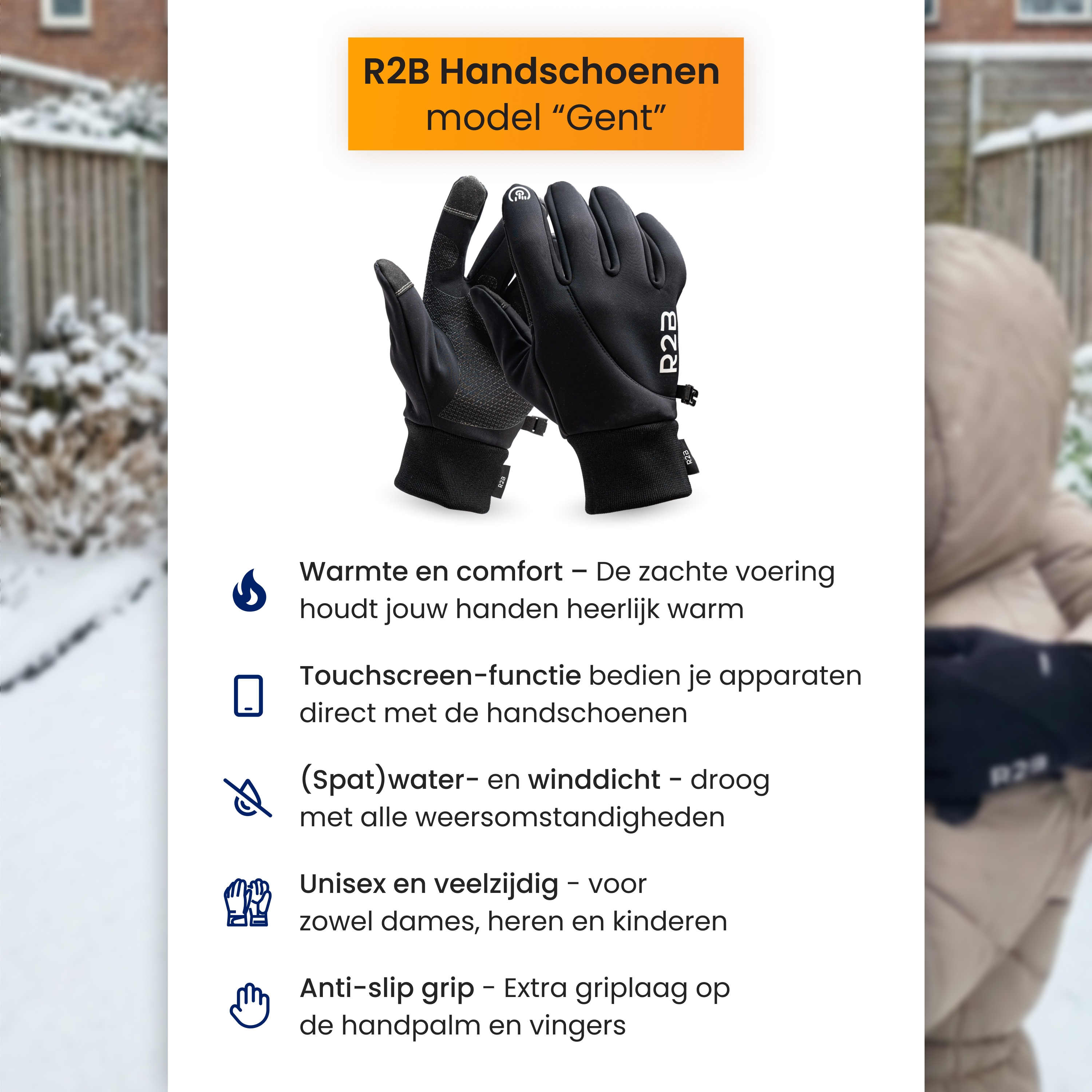 Gants noirs avec écran tactile. Le texte sur les gants dit R2B. L'arrière-plan est une scène extérieure enneigée.