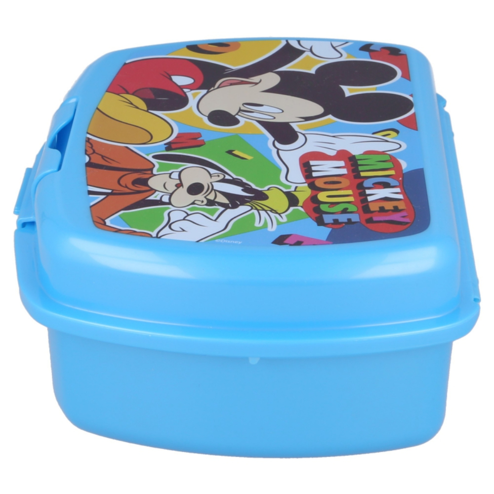Un portapranzo blu con un disegno di Topolino sul coperchio. Il disegno include Topolino, Pippo e testo.